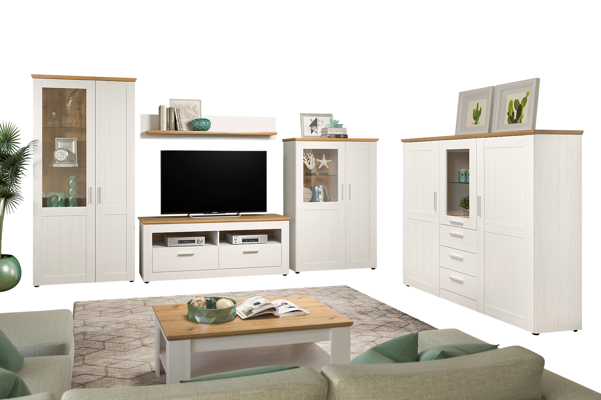 Highboard Shade weiß Pinie Nachbildung Eiche Artisan Nachbildung B/H/T: ca. 159x140x41 cm