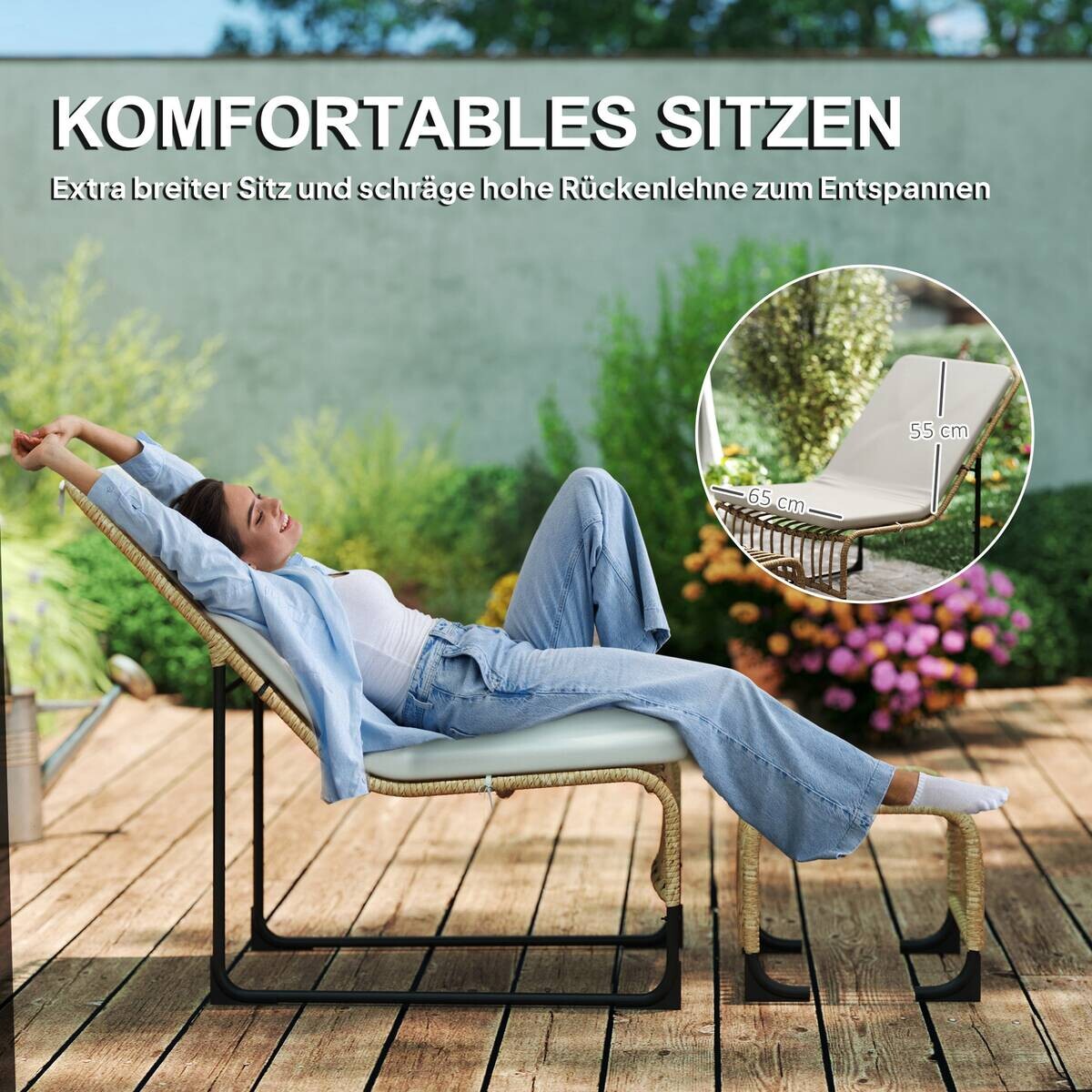 Outsunny Rattan Relaxsessel mit Hocker cremeweiß Stahl B/H/L: ca. 65x80x93 cm