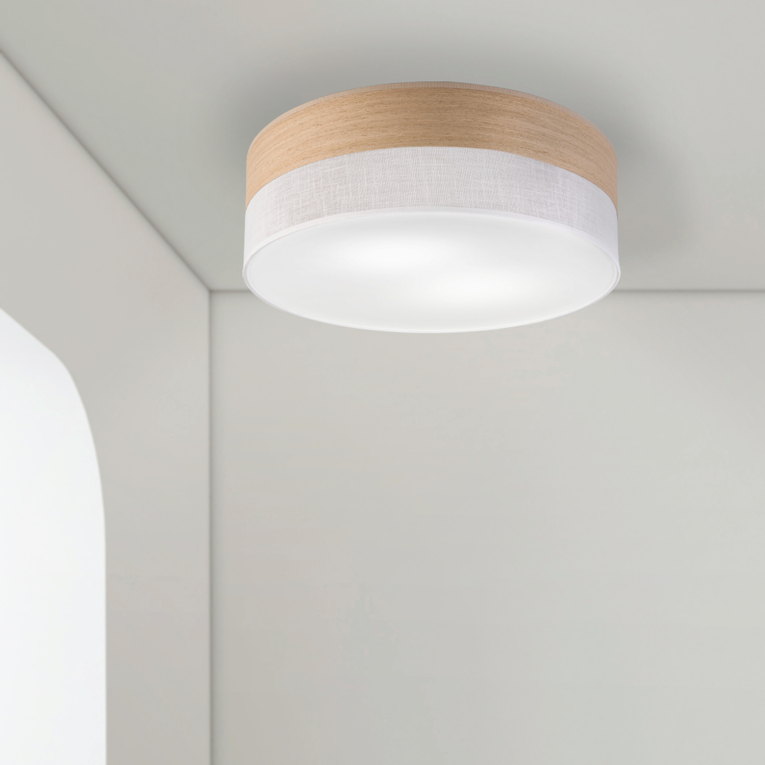 Lamkur Deckenleuchte Eiche weiß PVC Holz B/H/L: ca. 45x15x45 cm E27 2 Brennstellen