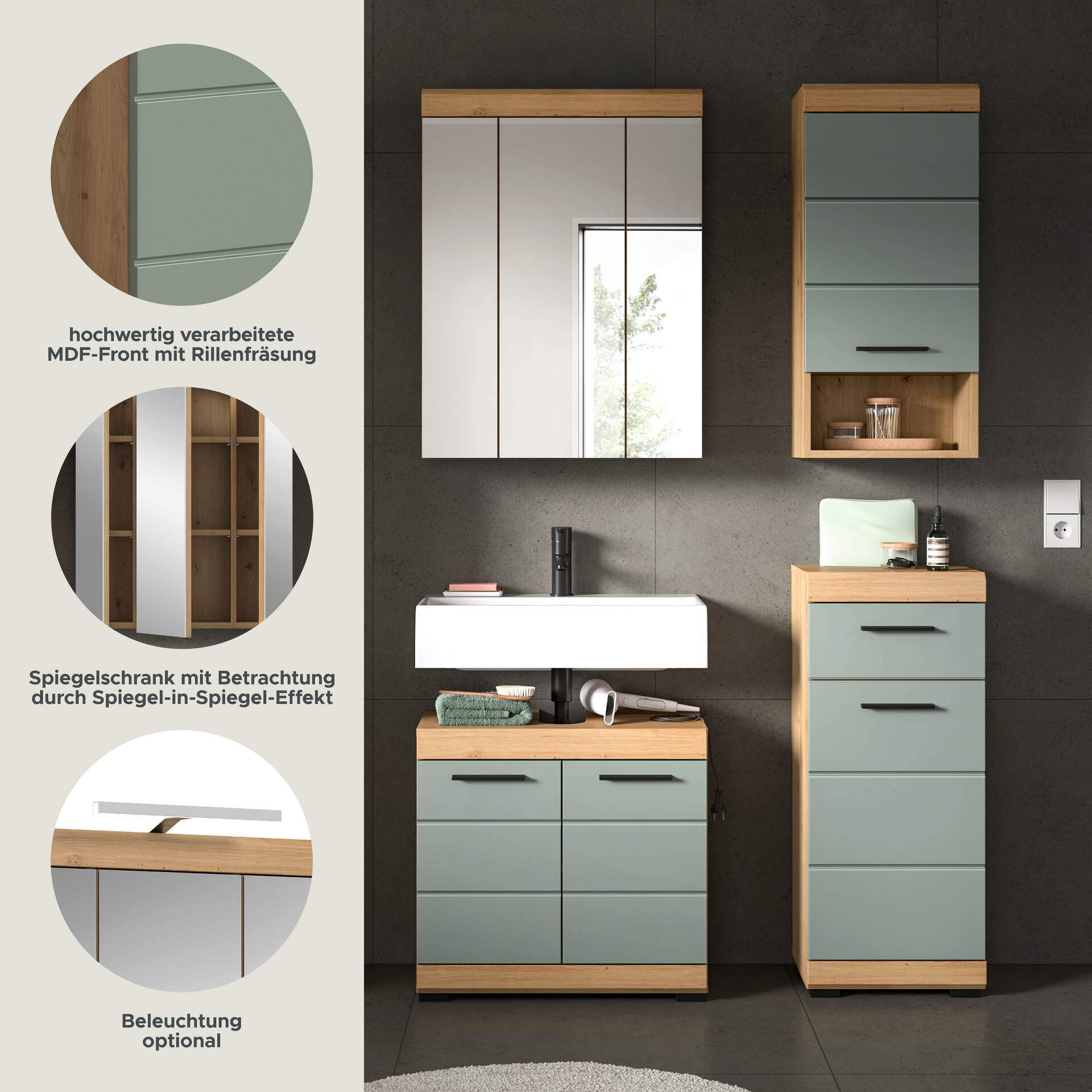 Badezimmer-Set Scout Eiche Artisan Nachbildung salbei Nachbildung B/H/T: ca. 112x191x34 cm