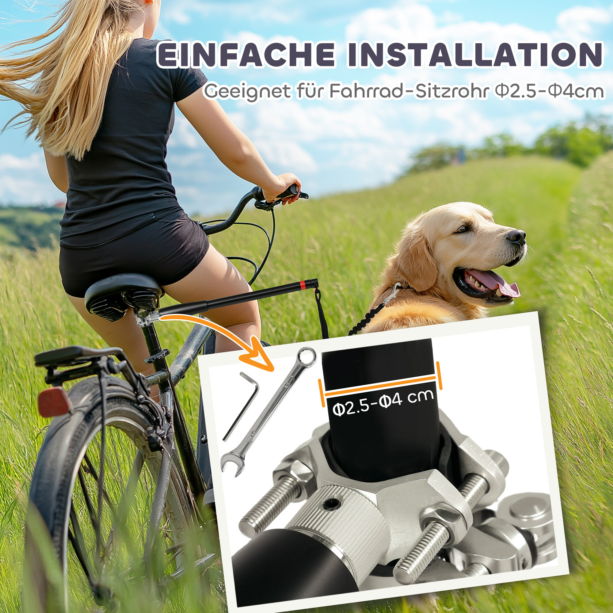 PawHut Fahrradleine für Hunde schwarz Stahl B/H/L: ca. 2x2x124 cm