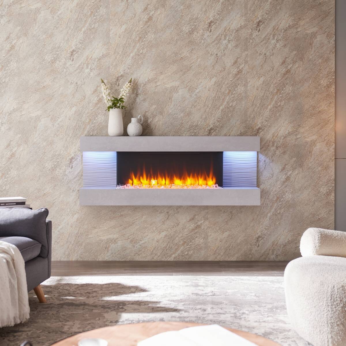 Balderia Wandkamin Elektrischer-Kamin Hestia grau MDF B/H/T: ca. 152x59x25 cm