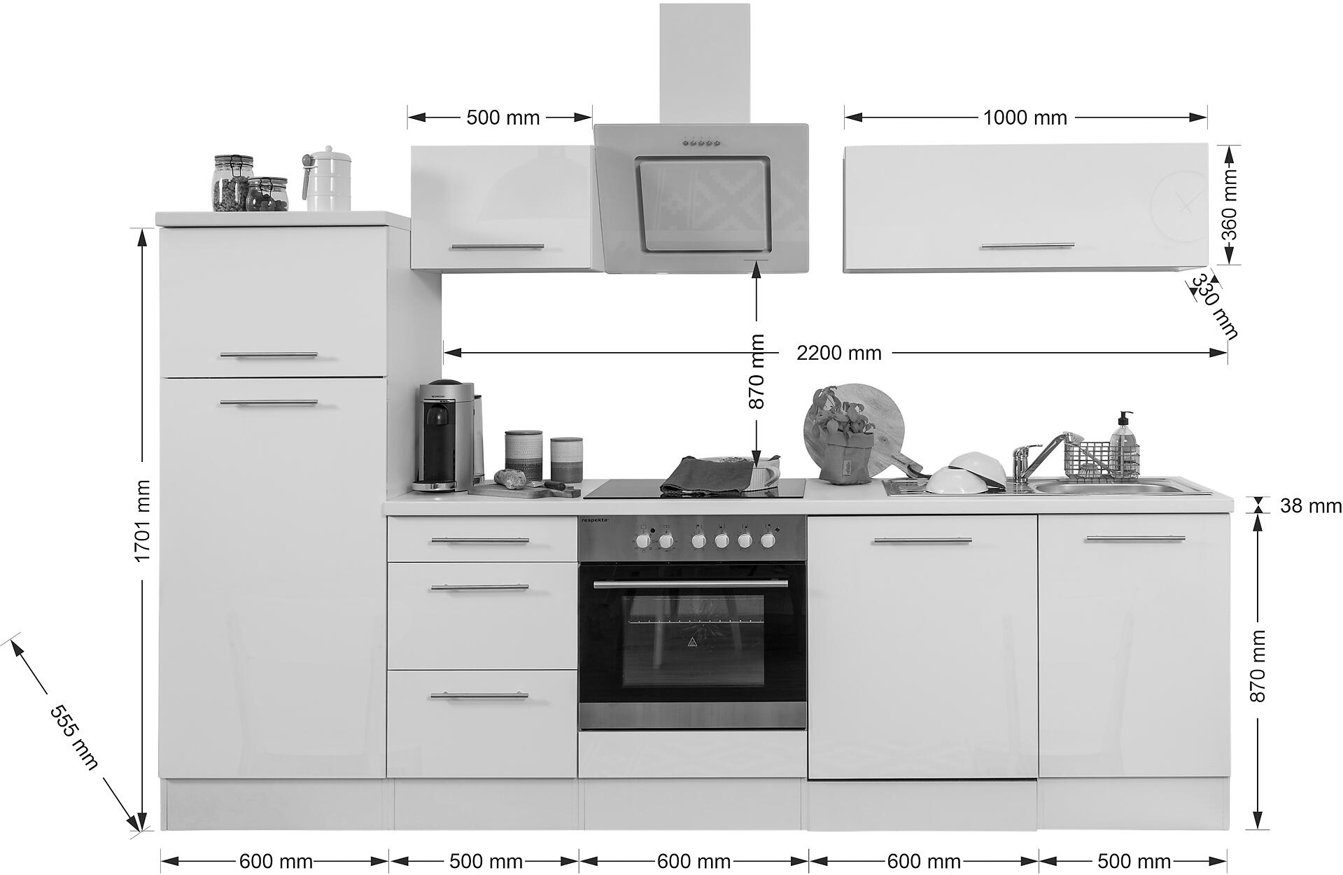 Respekta Küchenblock Amanda grau Hochglanz B/H/T: ca. 280x200x60 cm