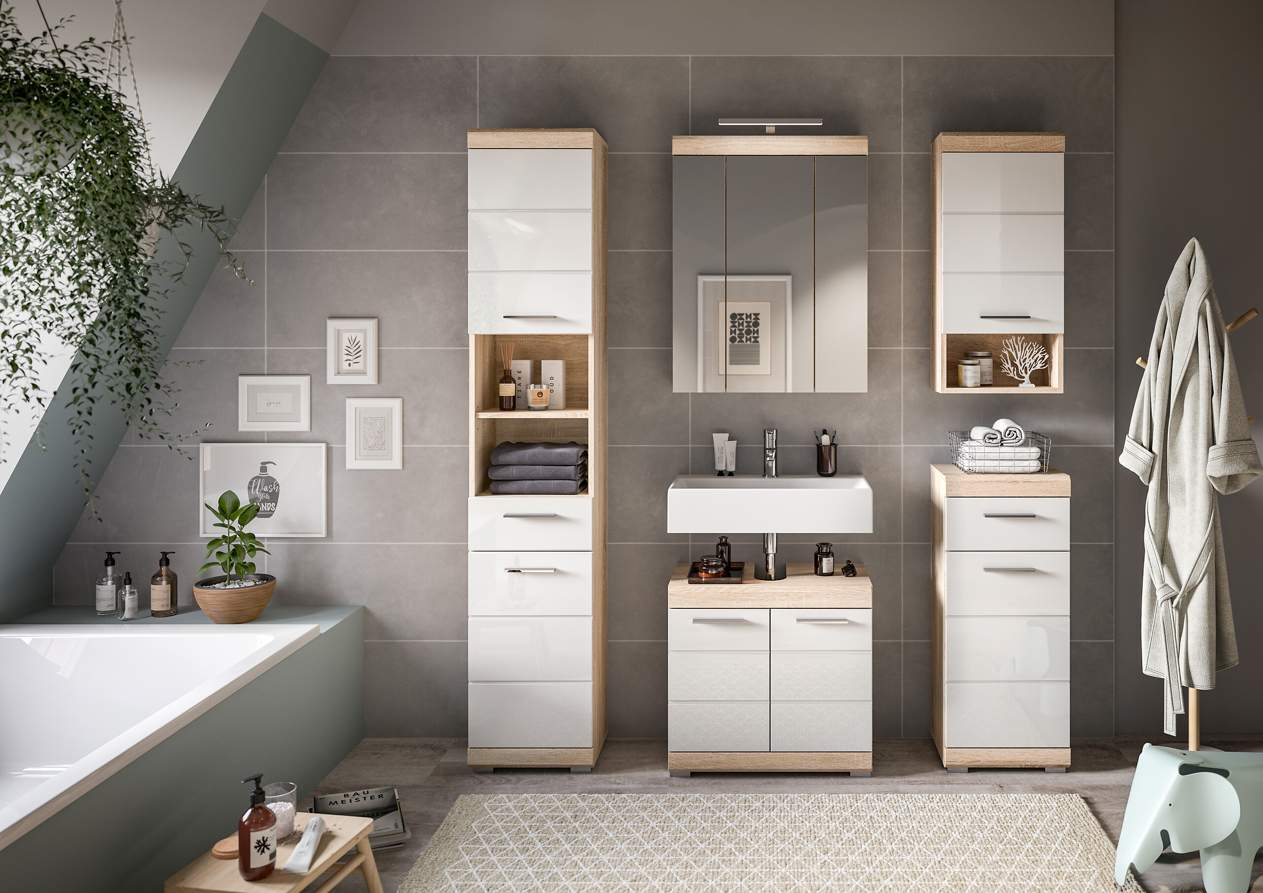 Badezimmer-Set Lambada Eiche Sonoma Nachbildung weiß Hochglanz B/H/T: ca. 164x191x34 cm