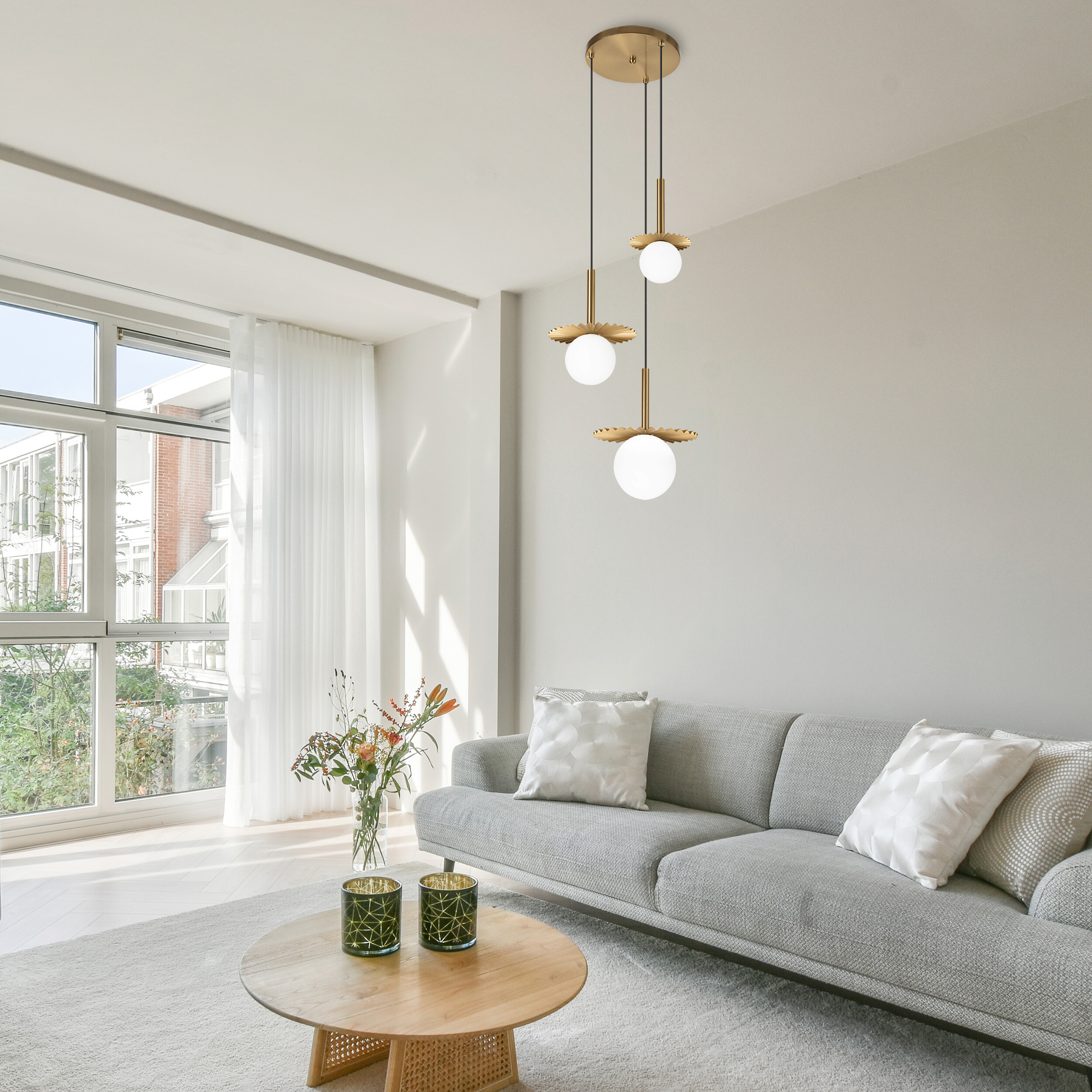 Lamkur Hängeleuchte Kupfer Stahl Glas B/H/L: ca. 120x45x45 cm G9 3 Brennstellen