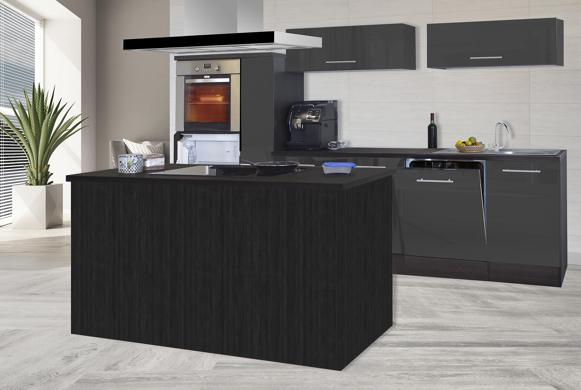 Respekta Inselküche Premium grau hochglänzend B/H/T: ca. 310x200x270 cm