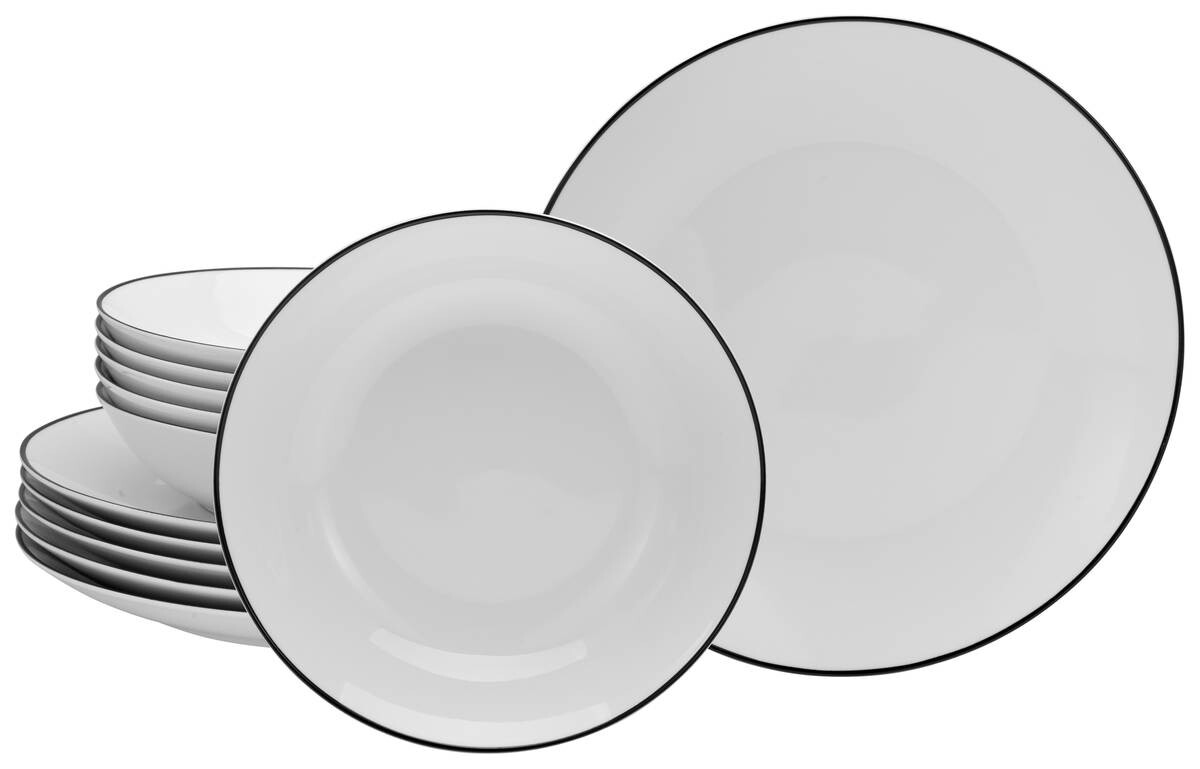 CreaTable Tafelservice Luna Black Line weiß Porzellan 12 tlg.