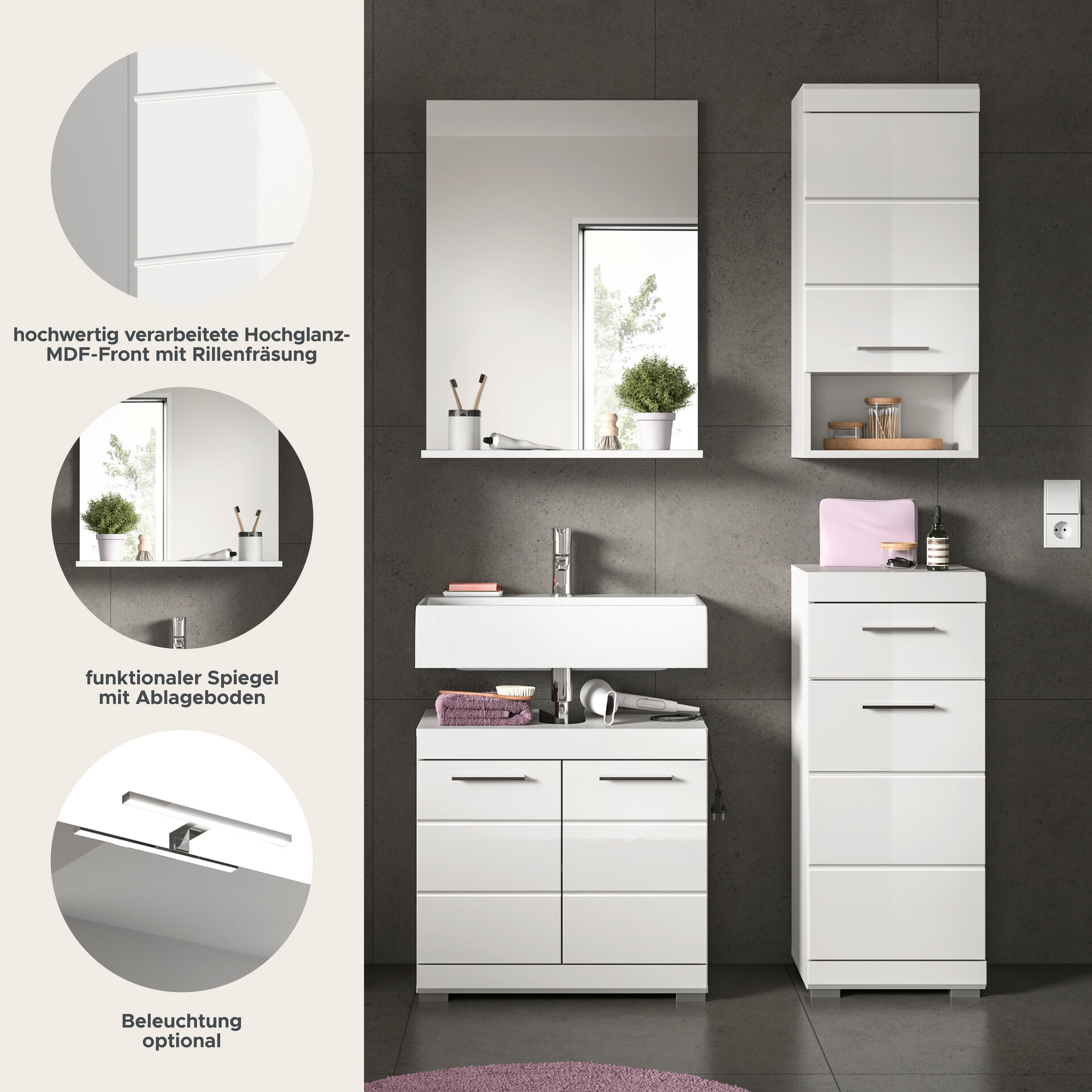 Badezimmer-Set Scout weiß weiß Hochglanz B/H/T: ca. 112x191x34 cm