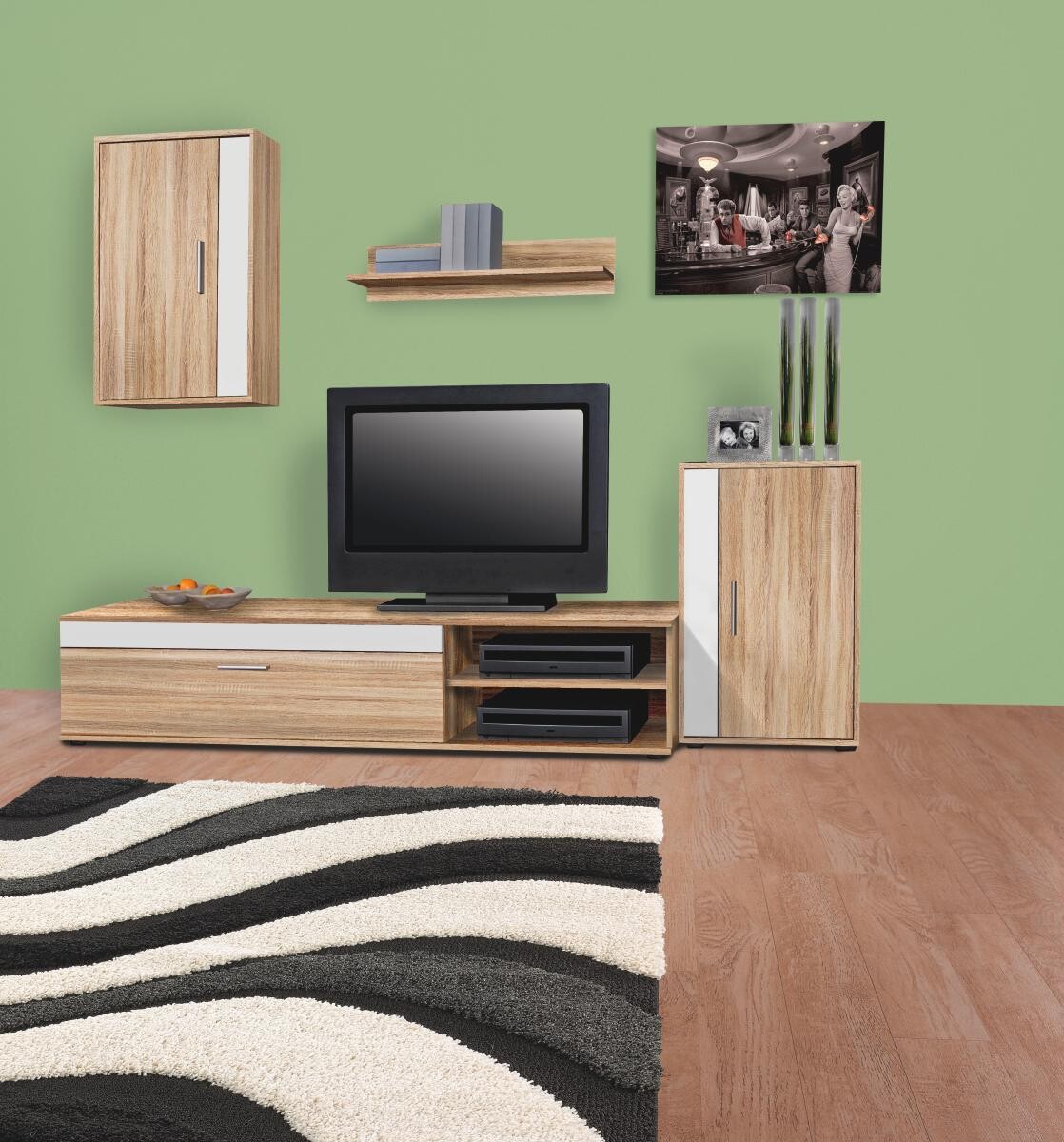 Wohnwand Lima Eiche Sonoma Nachbildung weiß B/H/T: ca. 230x170x42 cm