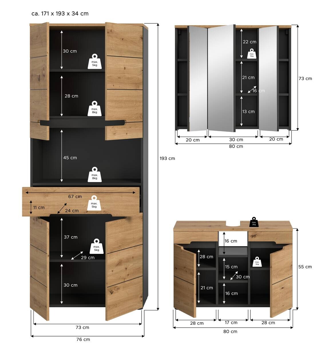 Badezimmer-Set Canu Basalt Eiche Artisan Nachbildung B/H/T: ca. 171x193x34 cm