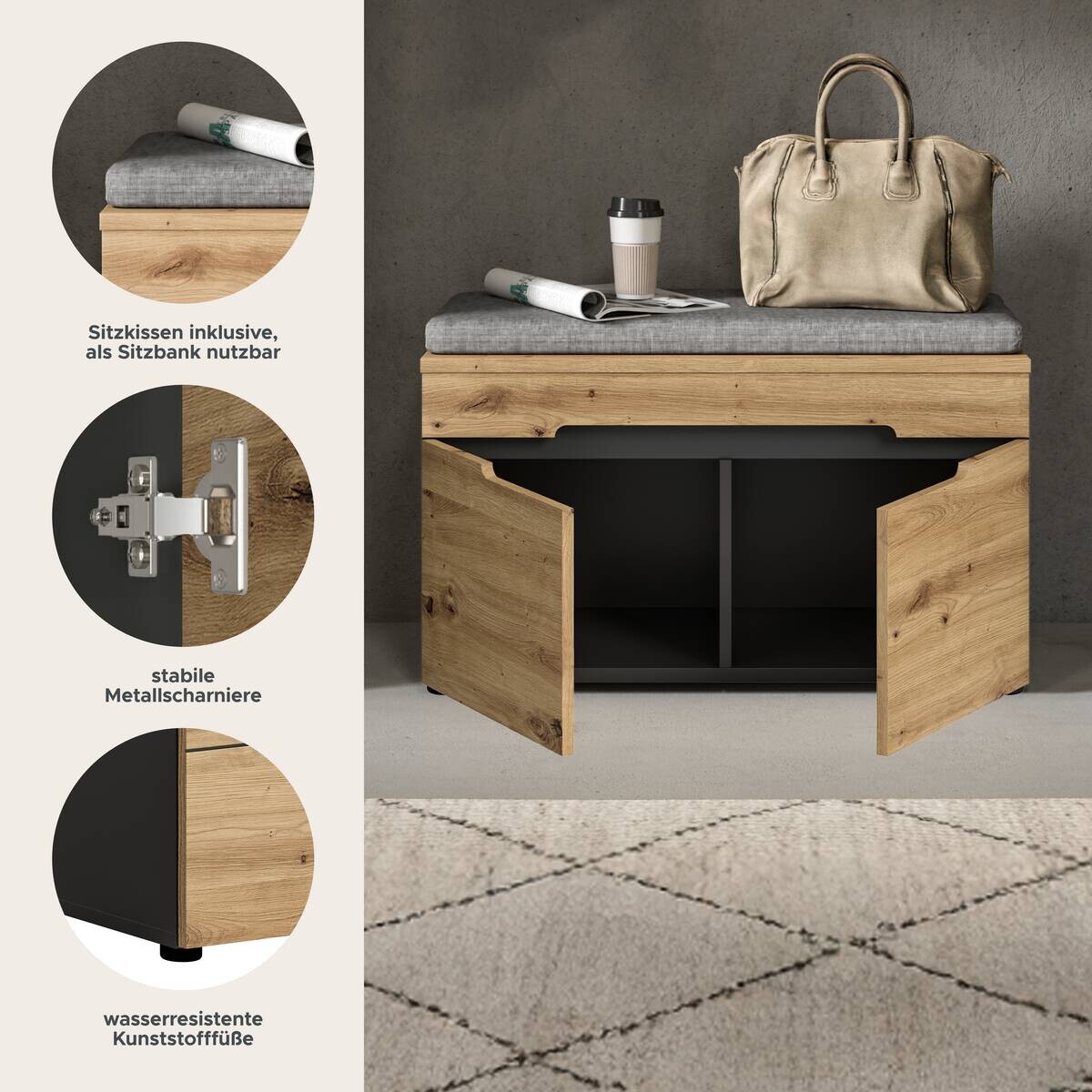 Sitzbank Canu basaltgrau Nachbildung Artisan Nachbildung B/H/T: ca. 80x45x37 cm