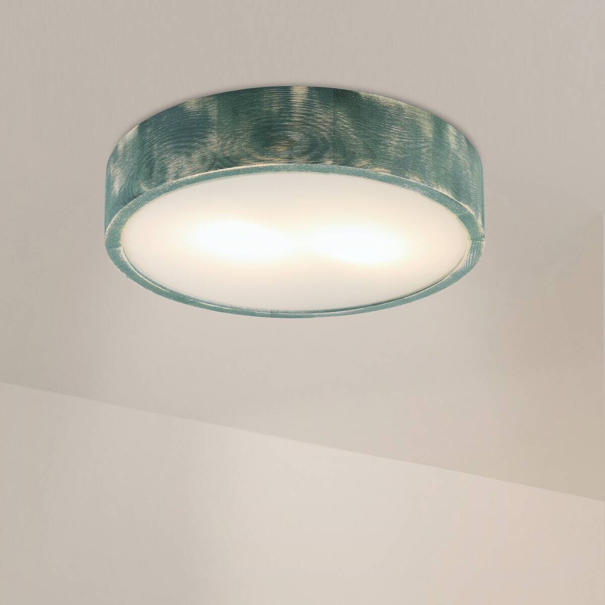 Lamkur Deckenleuchte grün hellbraun Holz Glas B/H/L: ca. 38x38x10 cm 2 Brennstellen