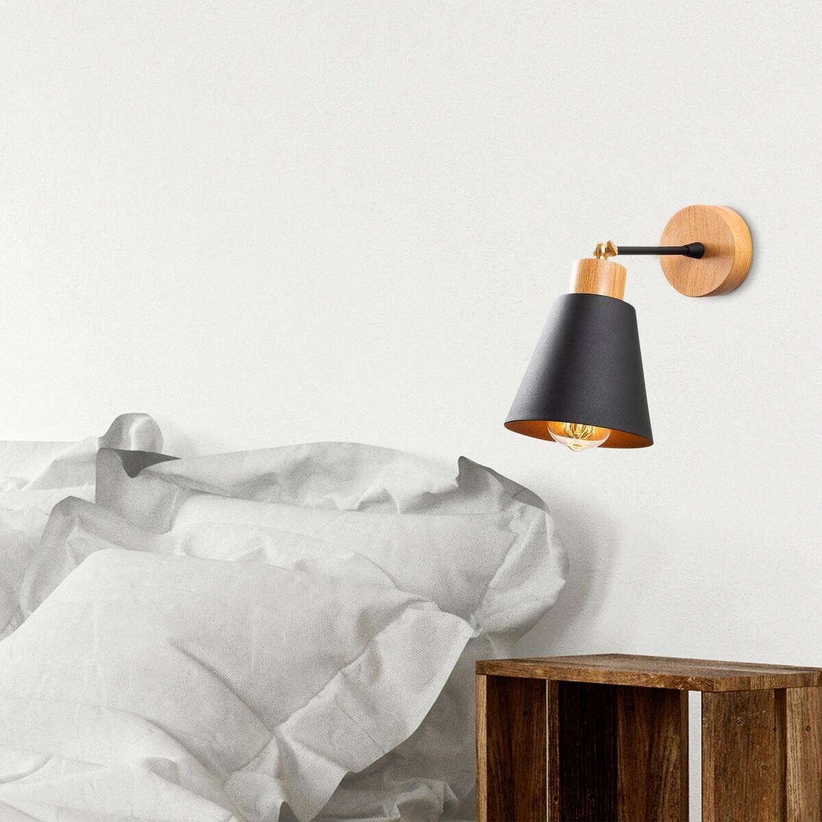 Opviq Wandleuchte Manavgat schwarz Eiche Metall Holz B/H/T/L/D: ca. 14x25x14x14x14 cm E27 1 Brennstellen