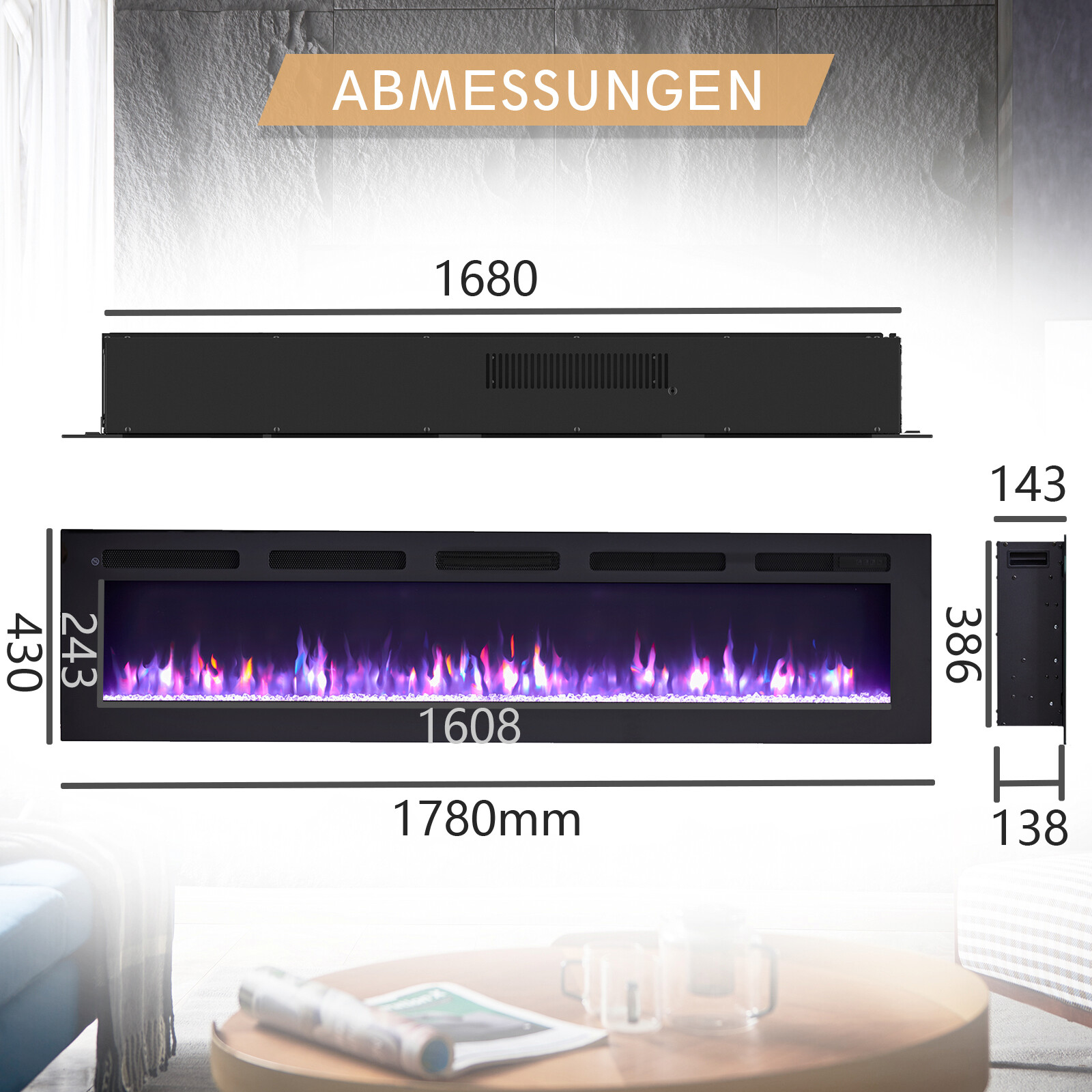 Balderia Elektrischer-Kamin Leif 70 schwarz B/H/T: ca. 168x38,6x13,8 cm ca. 2000 W