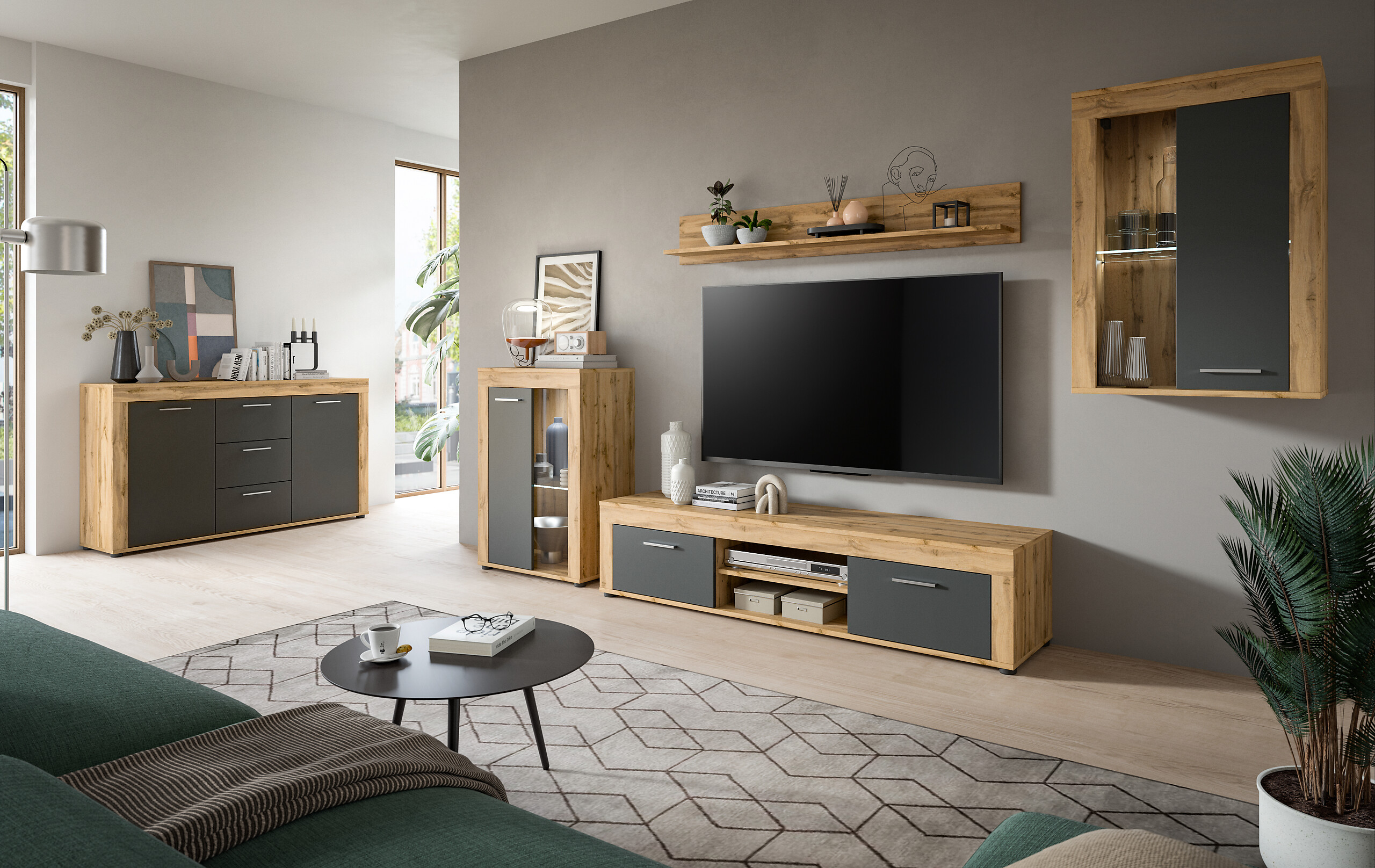 Wohnwand Jam Eiche Wotan Nachbildung grau B/H/T: ca. 310x169x35 cm