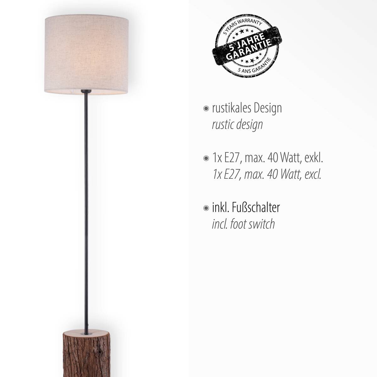 Just Light Stehleuchte BARK 11234-79 natur weiß Stoff Eisen Holz H/D: ca. 165x35 cm E27 1 Brennstellen