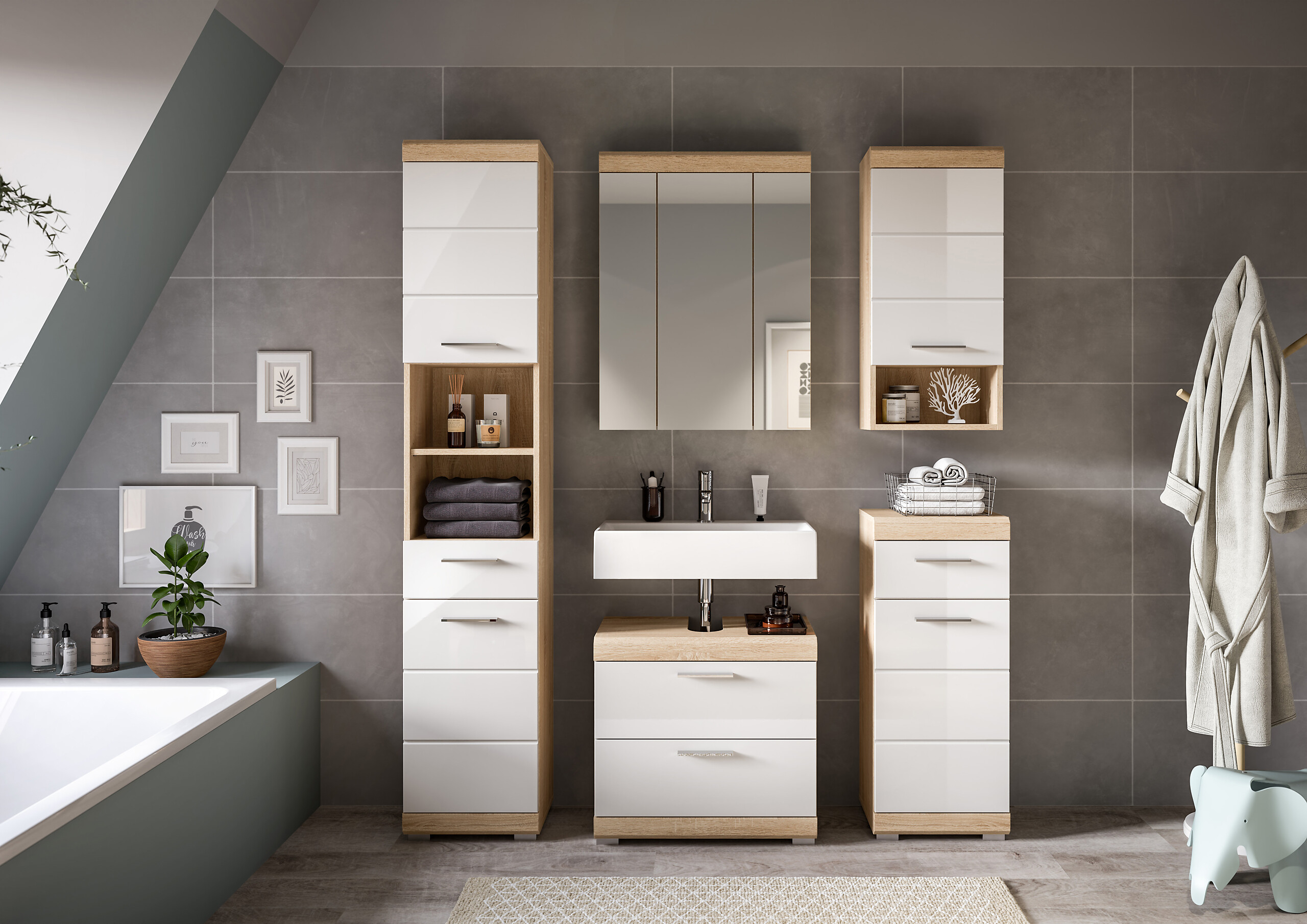 Badezimmer-Set Lambada Eiche Sonoma Nachbildung weiß Hochglanz B/H/T: ca. 164x191x37 cm Badezimmer-Set Lambada Eiche Sonoma Nachbildung weiß Hochglanz B/H/T: ca. 164x191x37 cm