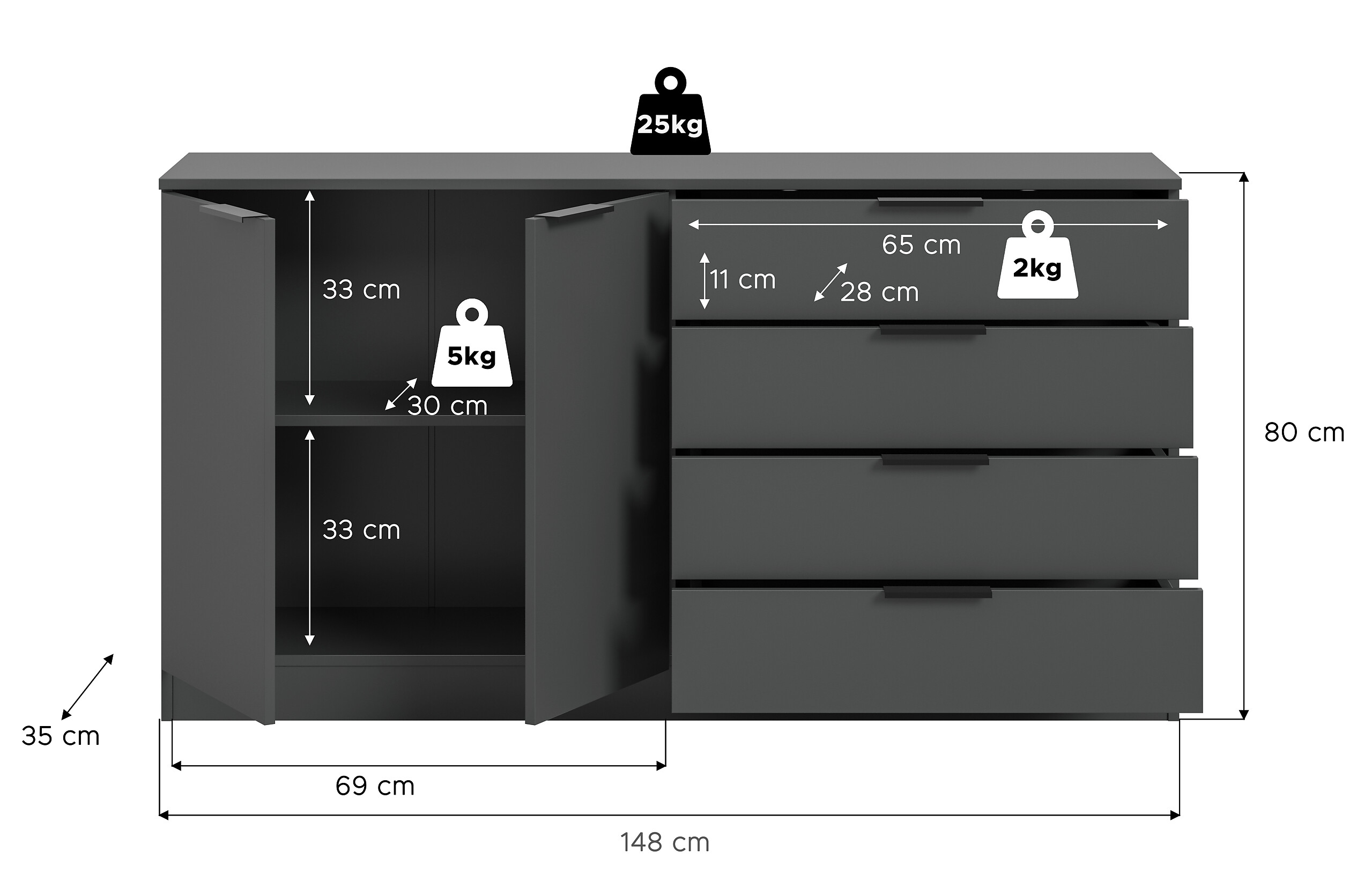 Kommode KOPENHAGEN anthrazit B/H/T: ca. 148x79x35 cm