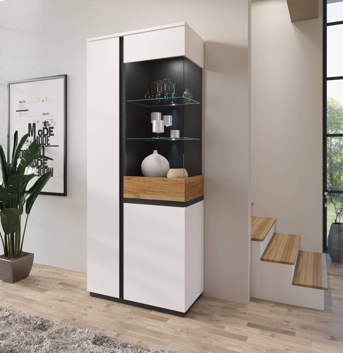 Standvitrine Novena weiß Eiche Catania Nachbildung schwarz matt B/H/T: ca. 84x200x40 cm