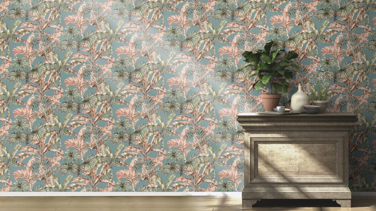 Vliestapete Palmenblätter blau grün beige B/L: ca. 53x1005 cm