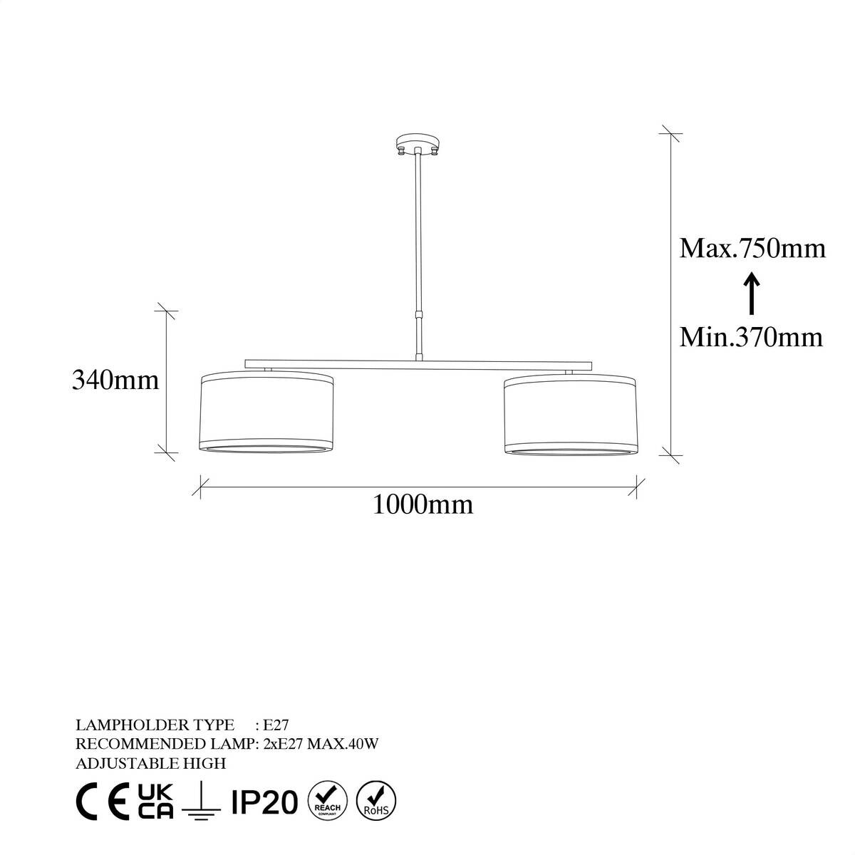 Opviq Pendelleuchte Way-11620 B/H/T/L: ca. 100x75x30x100 cm E27 2 Brennstellen