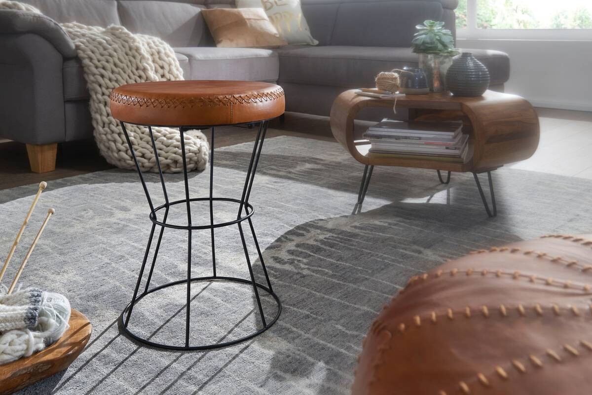 Wohnling Sitzhocker braun schwarz Leder Eisen B/H/T: ca. 35x48x35 cm