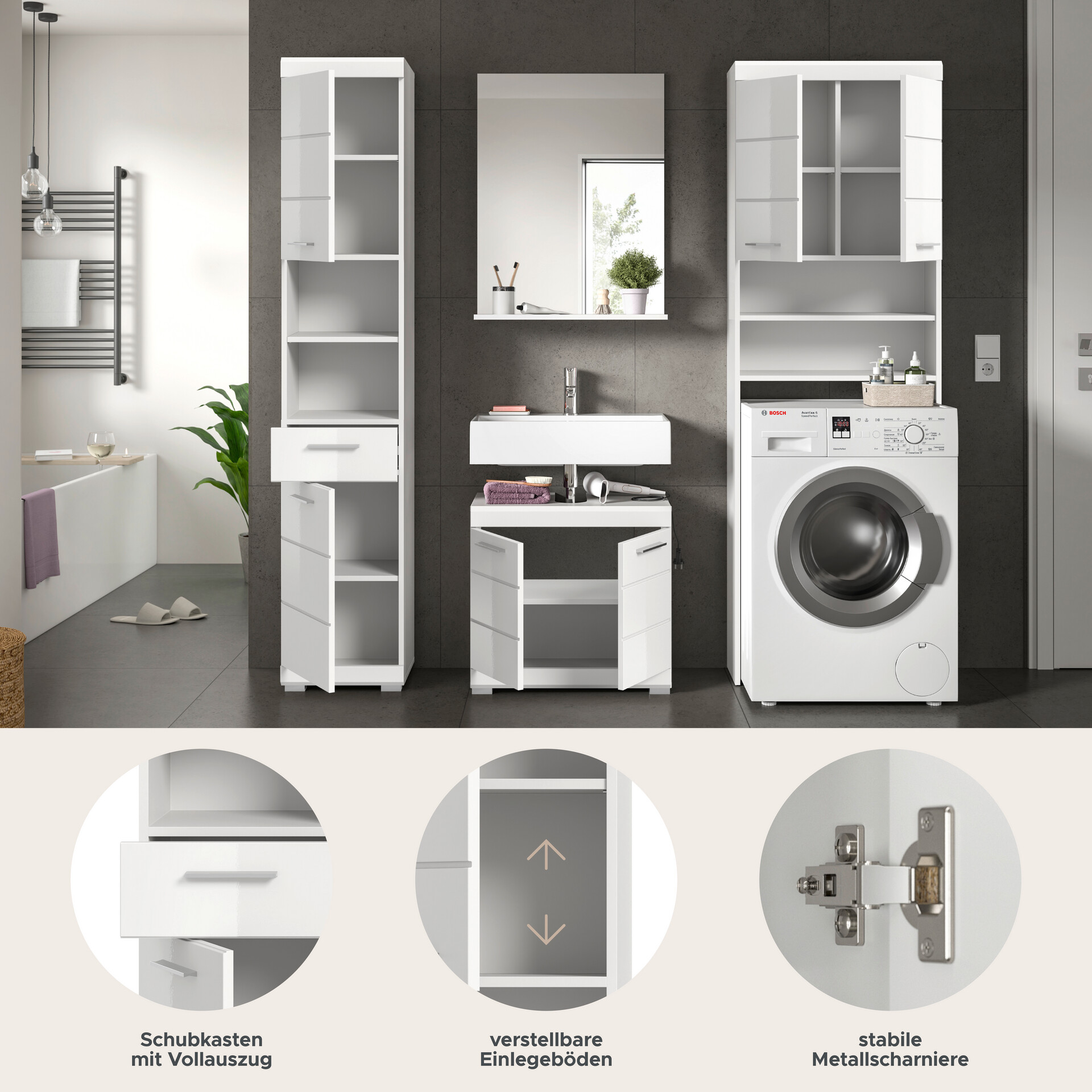 Badezimmer-Set Scout weiß weiß Hochglanz B/H/T: ca. 190x191x34 cm