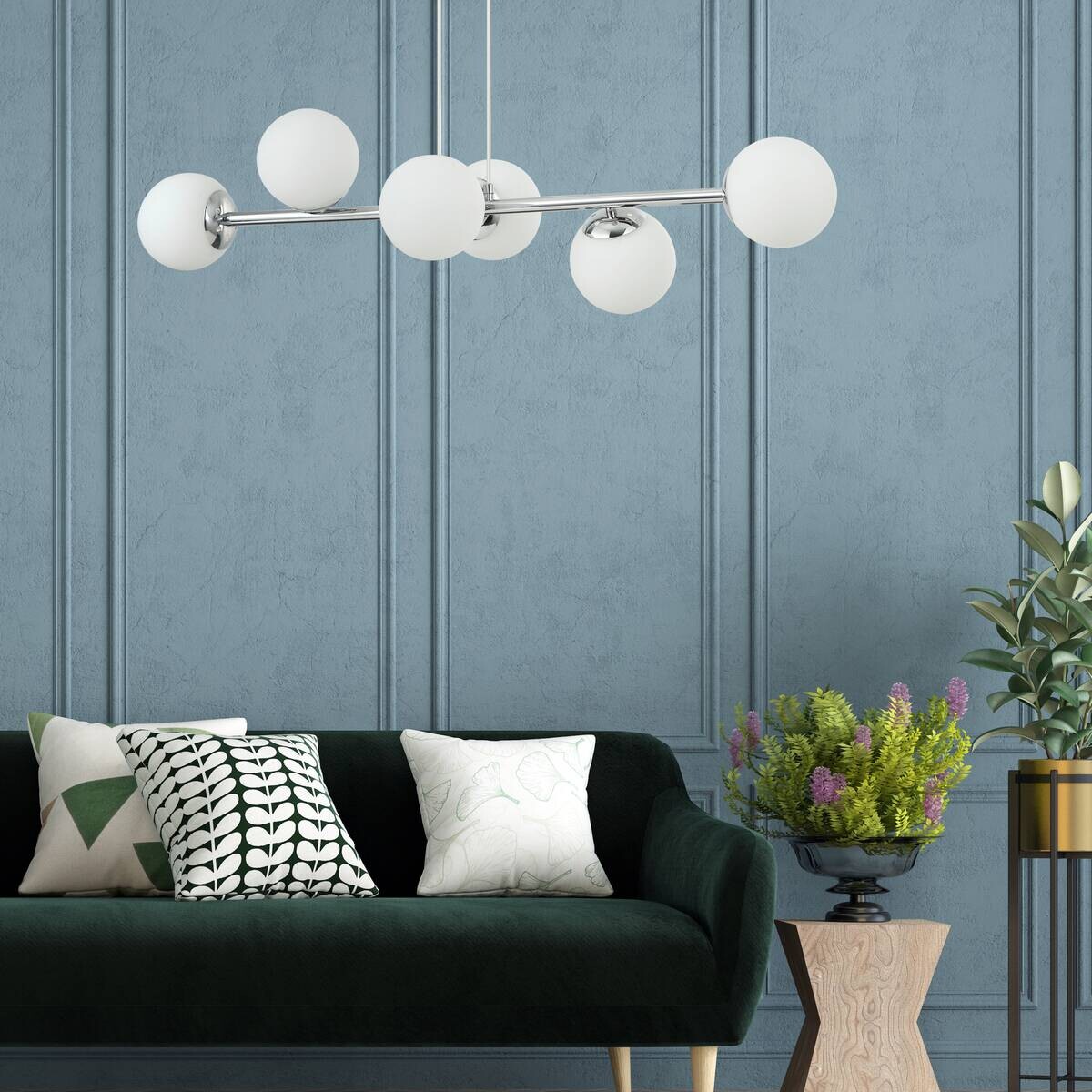 Lamkur Hängeleuchte Maddie Chrom Glas Stahl B/H/L: ca. 111x40x96 cm E14 6 Brennstellen