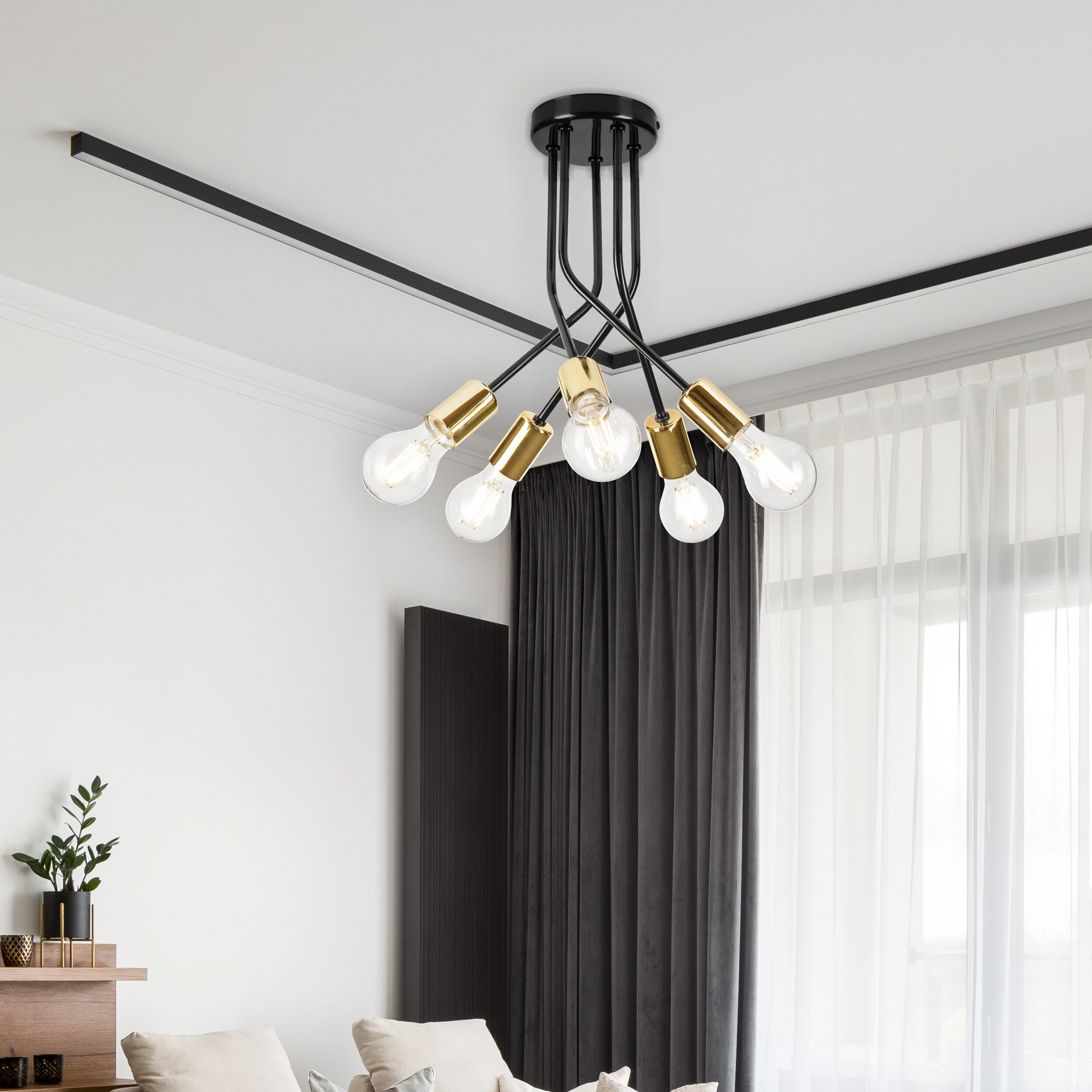 Lamkur Deckenleuchte gold Stahl B/H/L: ca. 36x34x36 cm E27 5 Brennstellen