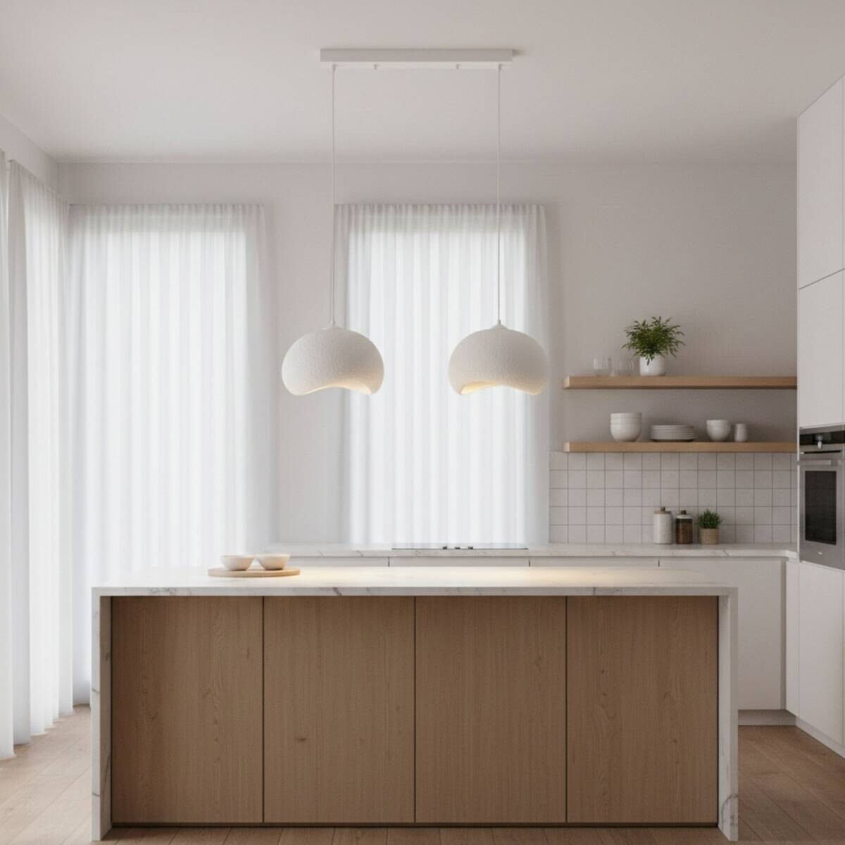 Opviq Pendelleuchte Yontu-15852-A weiß Metall Polyester-Mischgewebe B/H/L: ca. 29x120x34 cm E27 2 Brennstellen