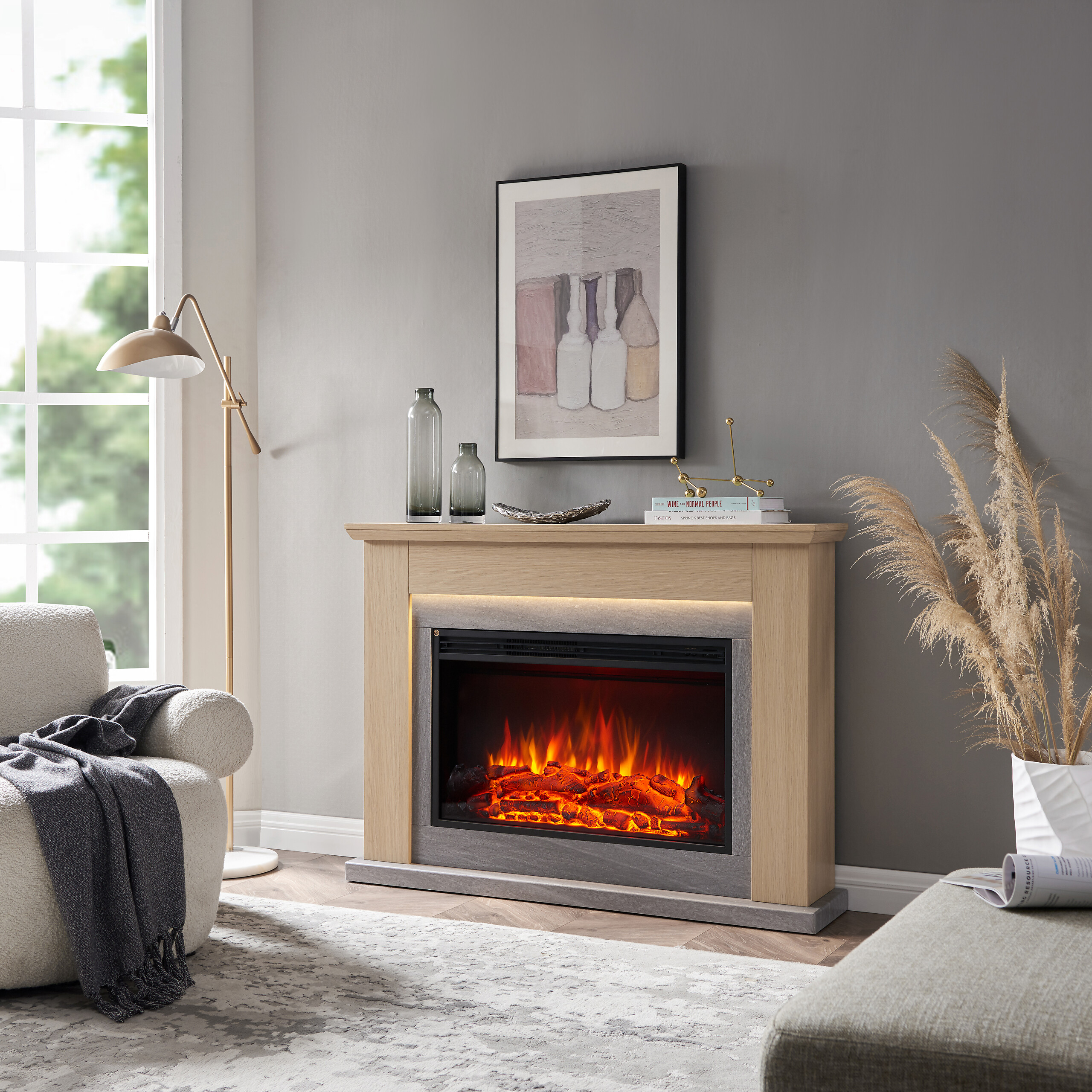 Balderia Elektrischer Kamin Typhon hellbraun MDF Metall B/H/T: ca. 121x88,3x25 cm ca. 2000 W