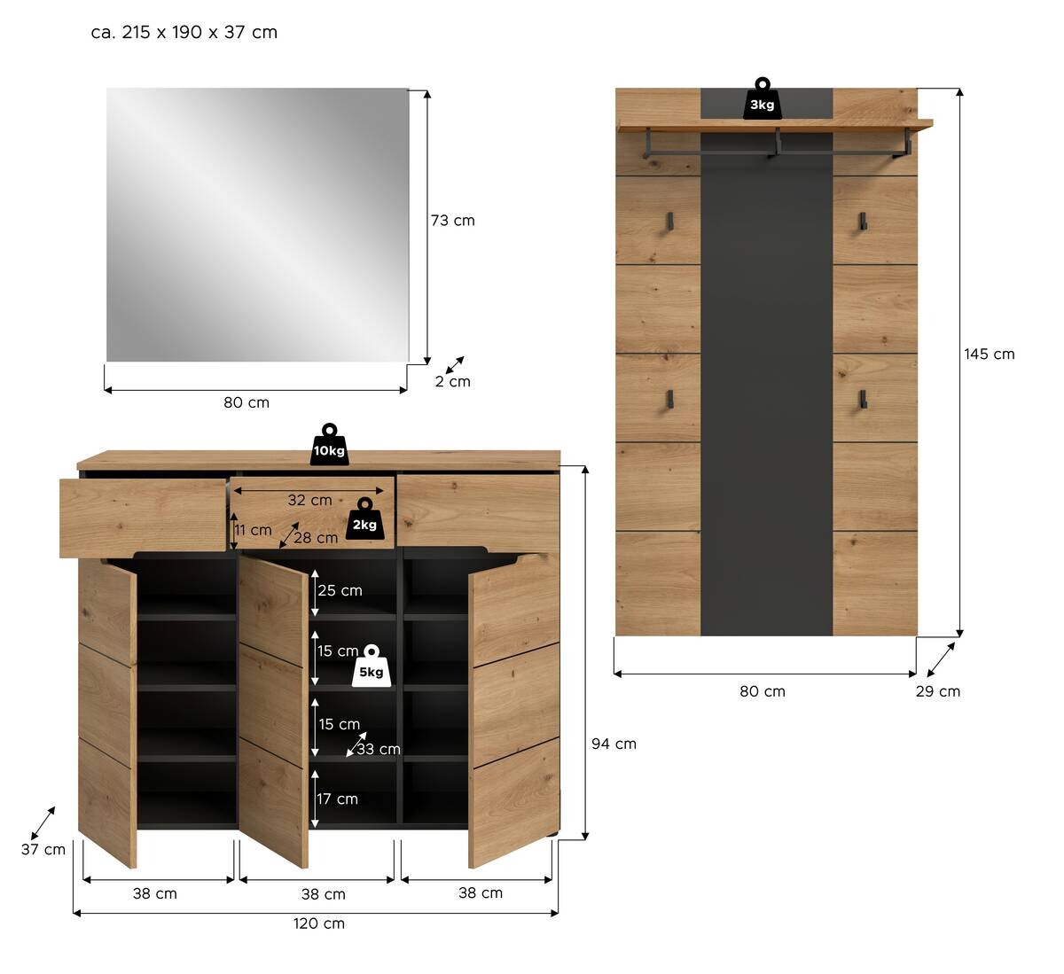 Garderobe Canu basaltgrau Nachbildung Artisan Nachbildung B/H/T: ca. 215x190x37 cm