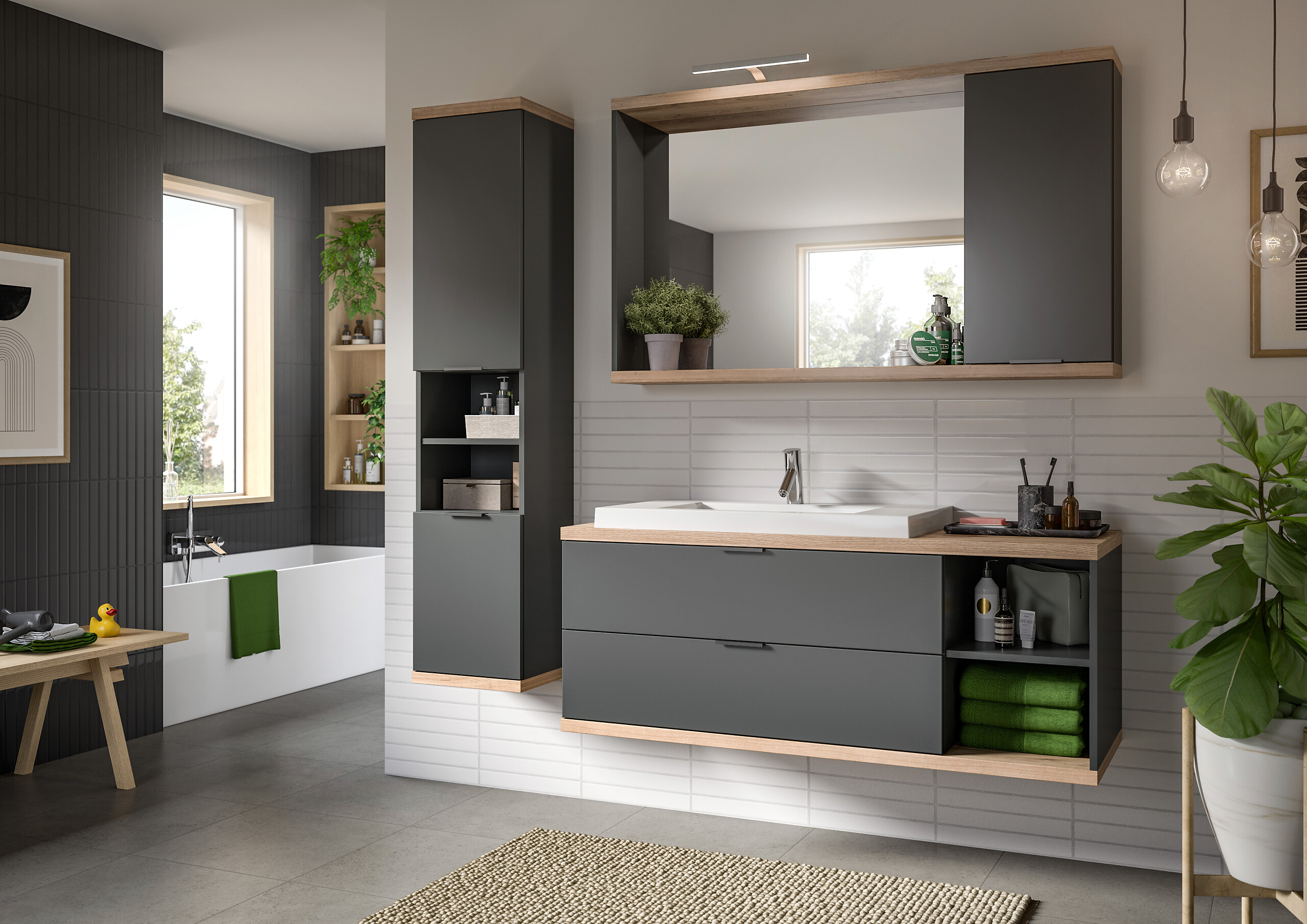 Spiegelschrank Nuaro anthrazit Nox Oak Nachbildung B/H/T: ca. 130x77x20 cm