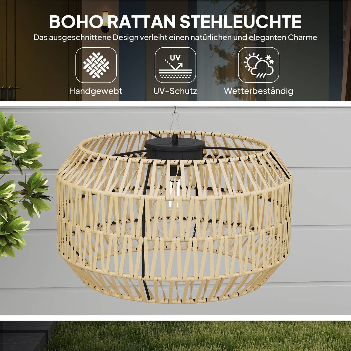 Rattan Solarlampe gelb Polyethylen Stahl B/H/L: ca. 32x178x44 cm