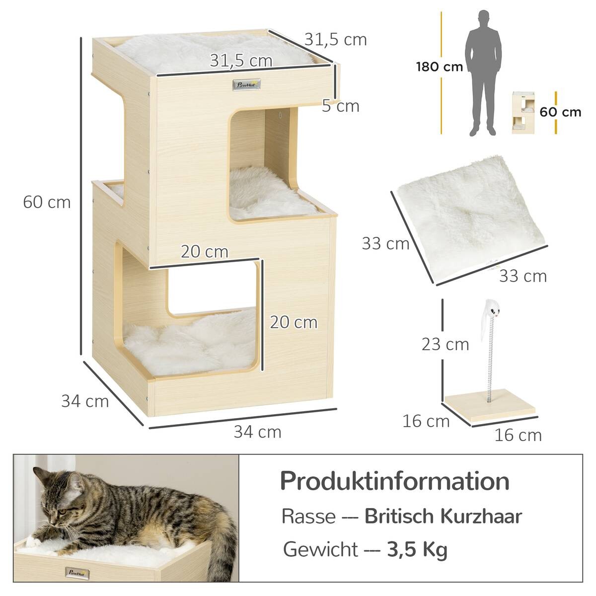 PawHut Katzenhaus Eiche Spanplatte B/H/L: ca. 34x60x34 cm