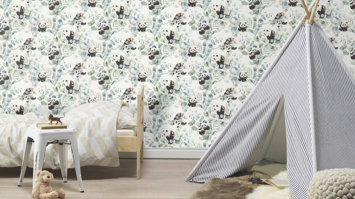 Papiertapete Pandabären weiß grün B/L: ca. 53x1005 cm