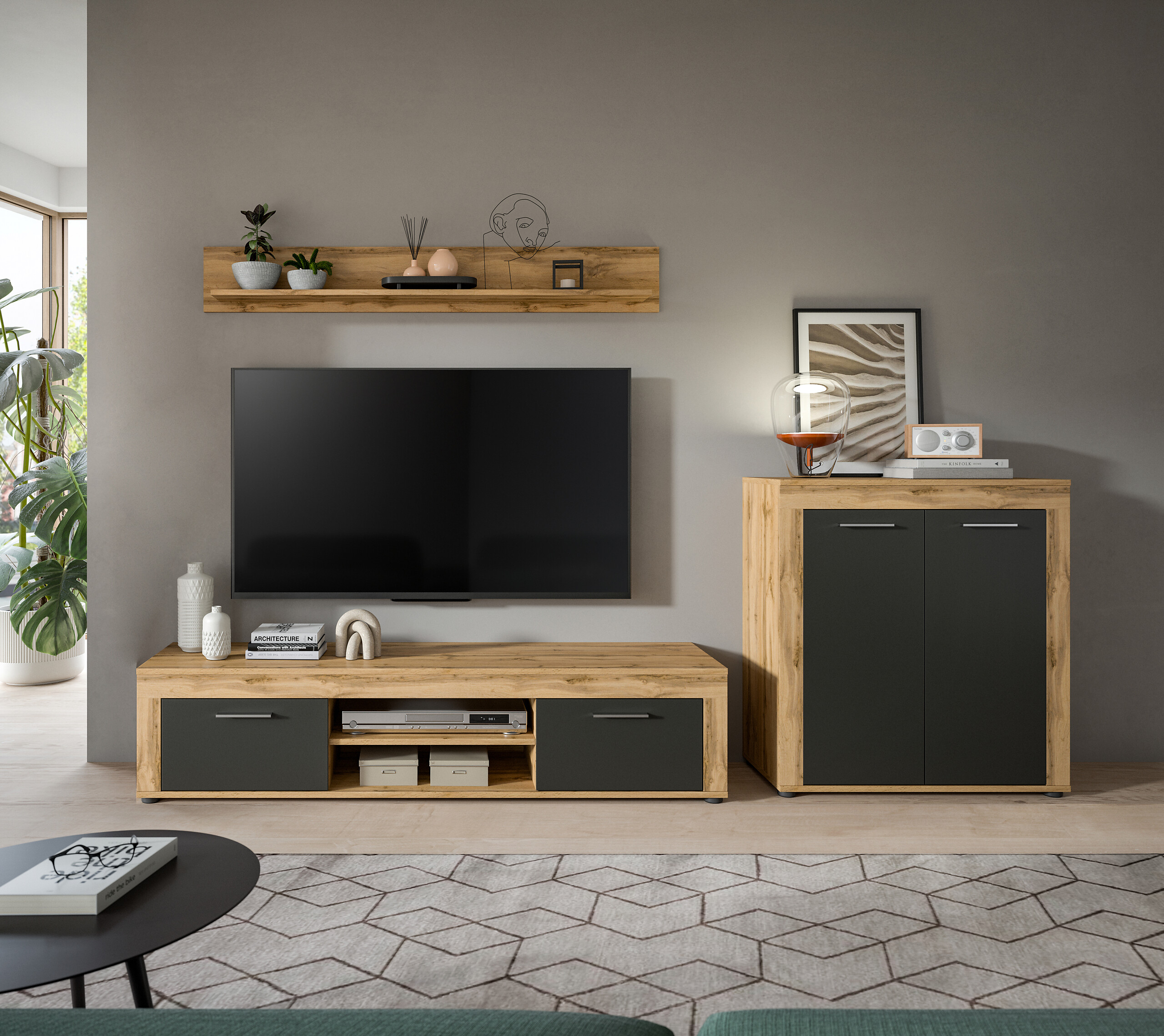 Wohnwand Jam Eiche Wotan Nachbildung grau B/H/T: ca. 255x159x35 cm