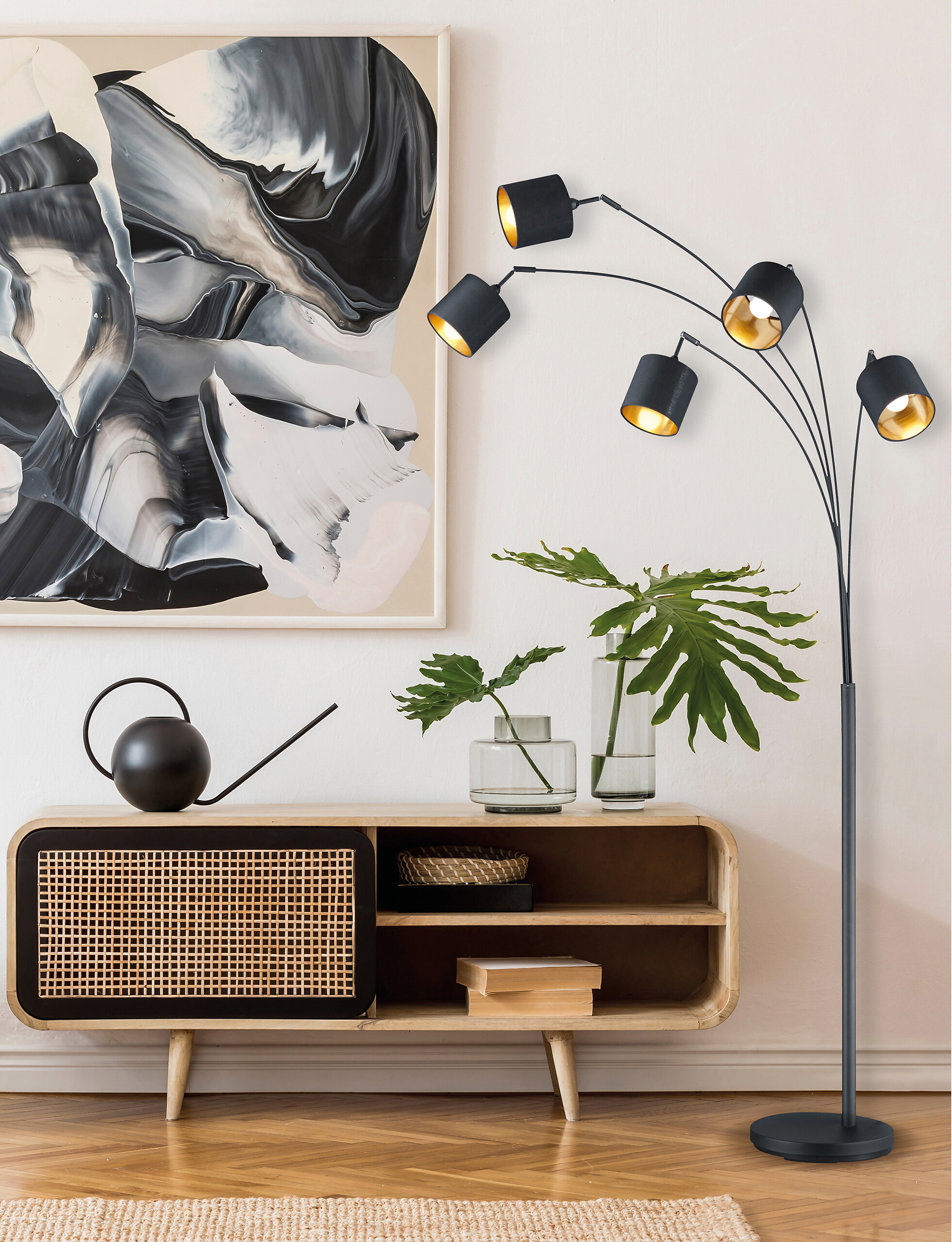 Reality Bogenleuchte Tommy mattschwarz gold Metall Stoff B/H/L: ca. 30x200x72 cm E14 5 Brennstellen