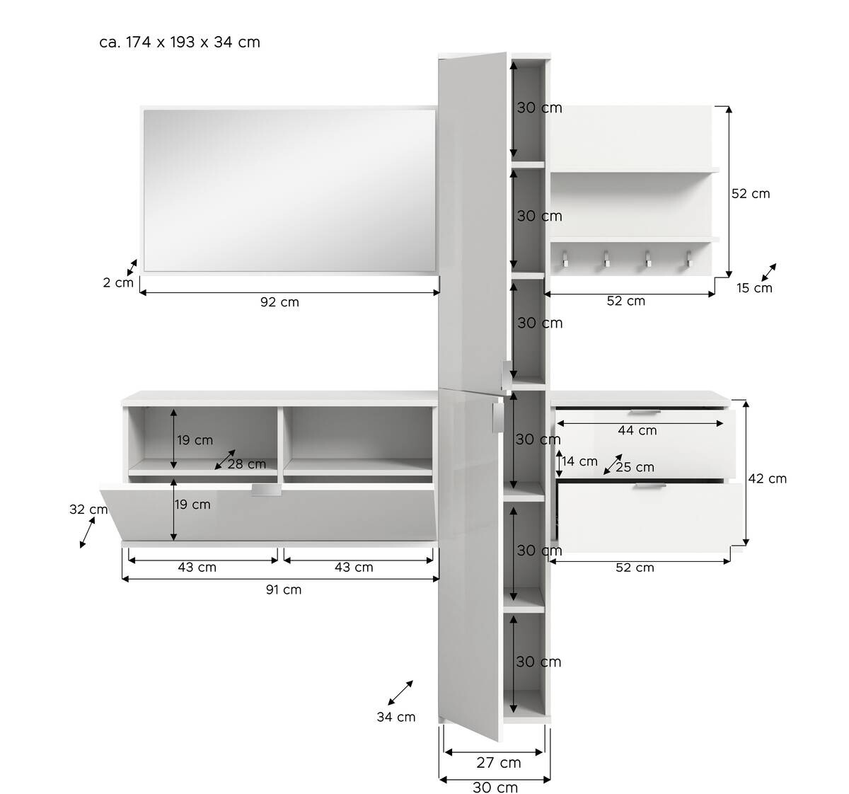 Garderobe PROJEKT X weiß weiß Hochglanz B/H/T: ca. 174x191x37 cm