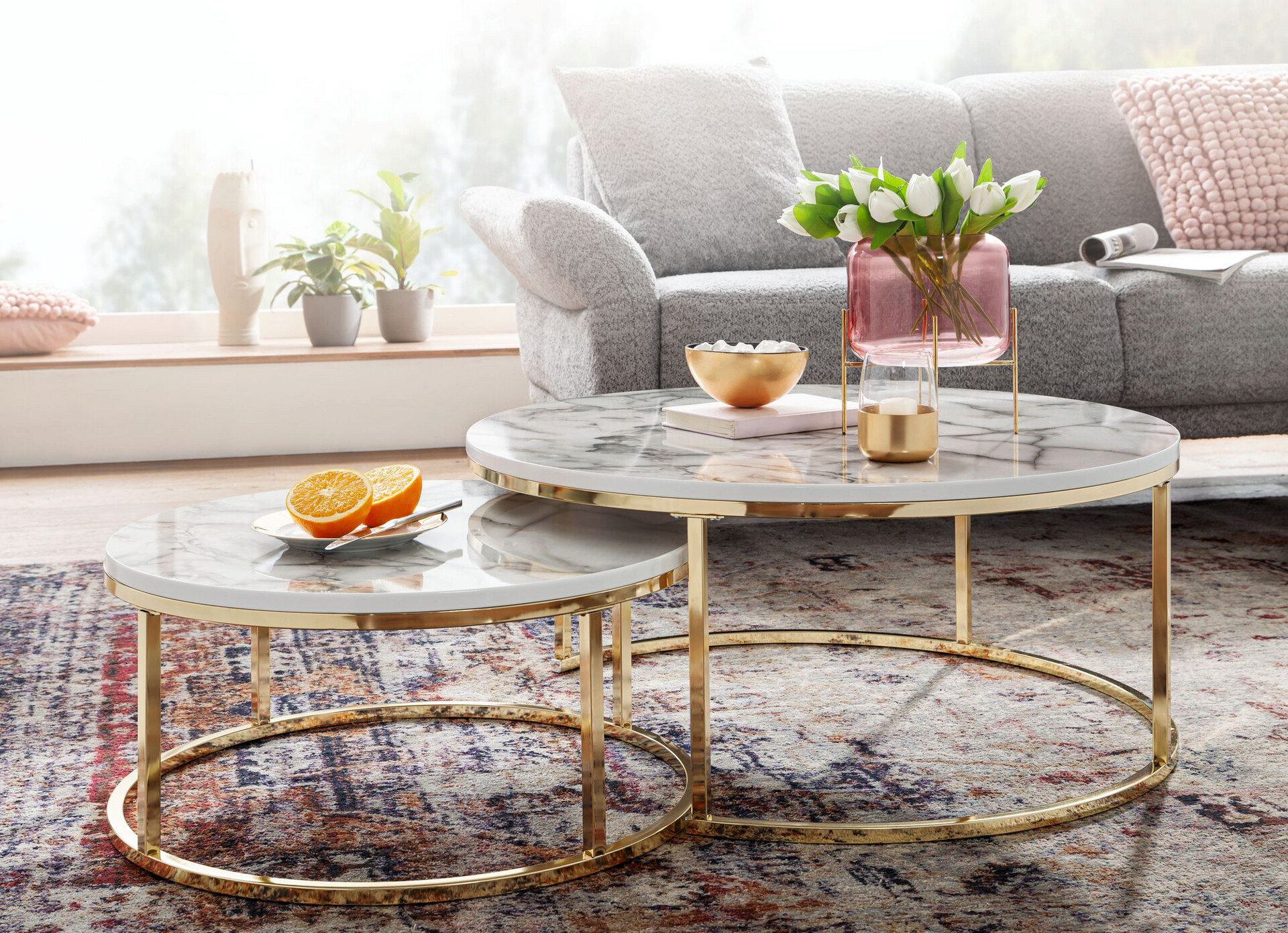 Wohnling Couchtisch 2er-Set weiß Marmor gold MDF Stahl