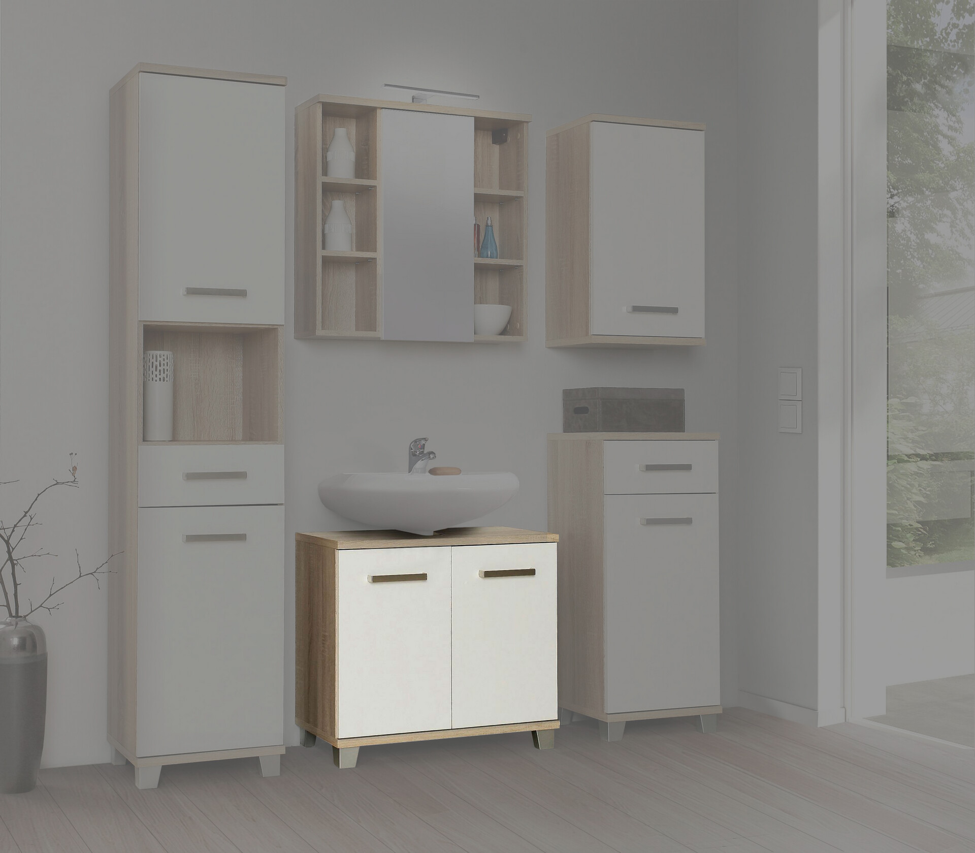 Waschbeckenunterschrank  Eiche Sonoma Nachbildung weiß Hochglanz B/H/T: ca. 68,6x62x34,8 cm