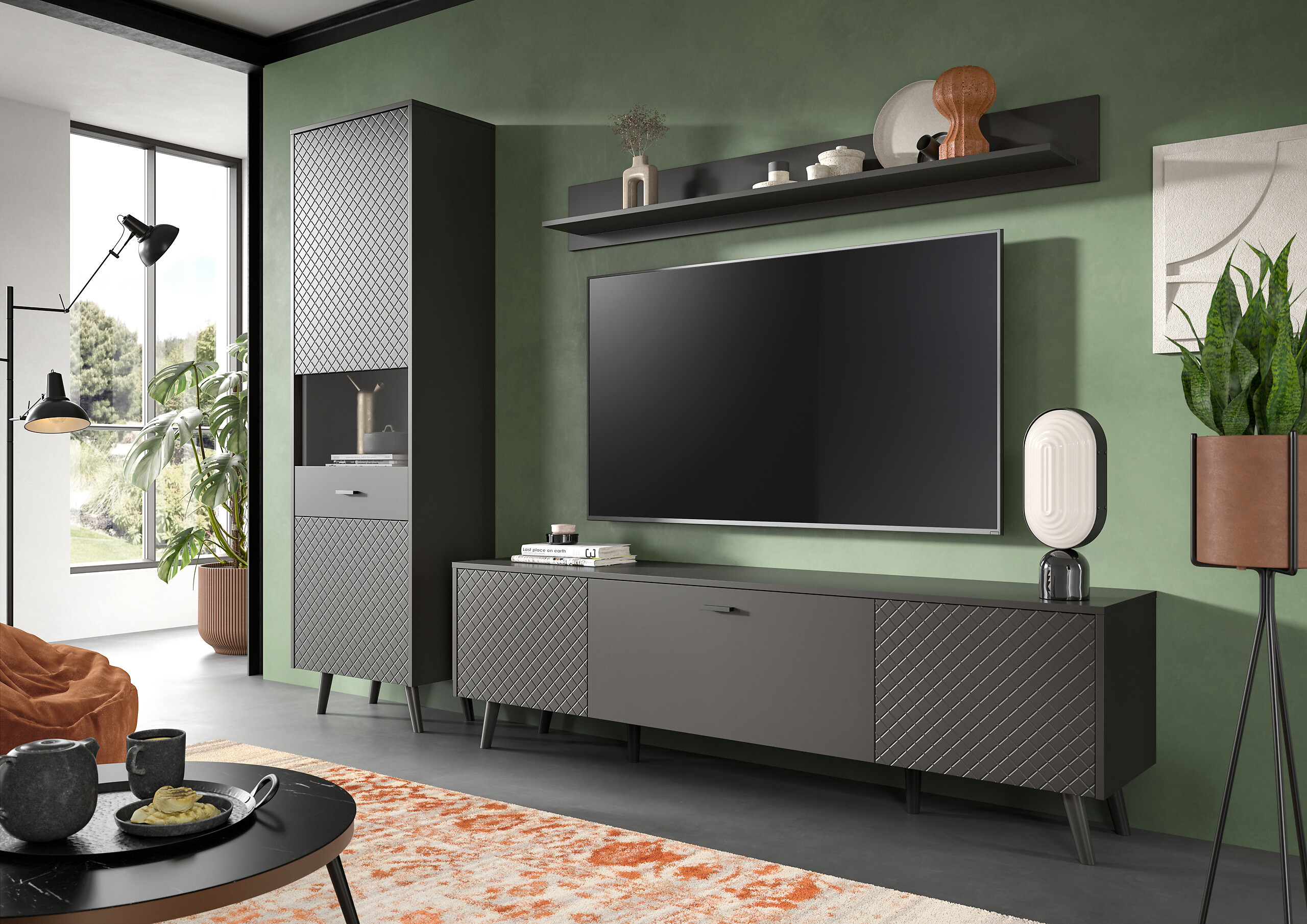 Wohnwand LINEA grau schwarz B/H/T: ca. 258x195x40 cm