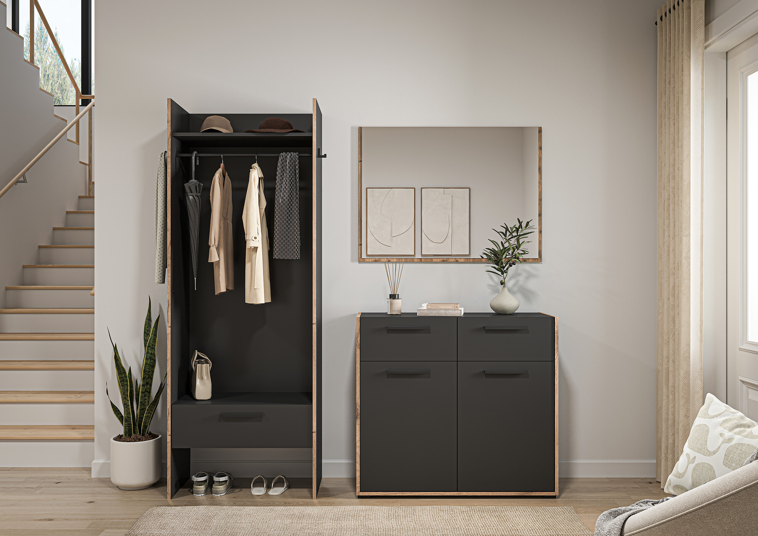 Garderobe Bueno Basalt Nox Oak Nachbildung B/H/T: ca. 180x189x37 cm