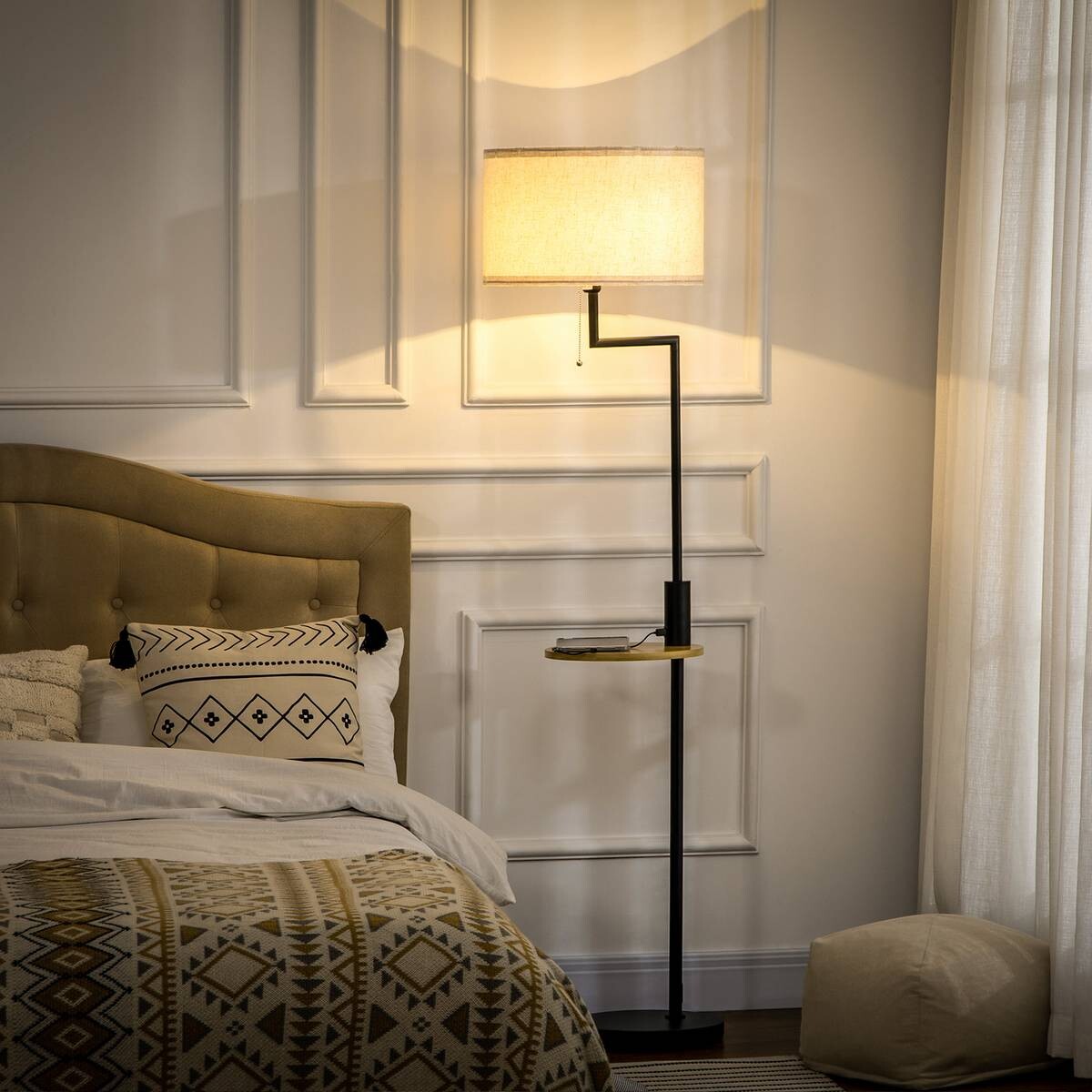 HOMCOM Stehleuchte cremeweiß Stahl Bambus Polyester B/H/T: ca. 40x168x40 cm