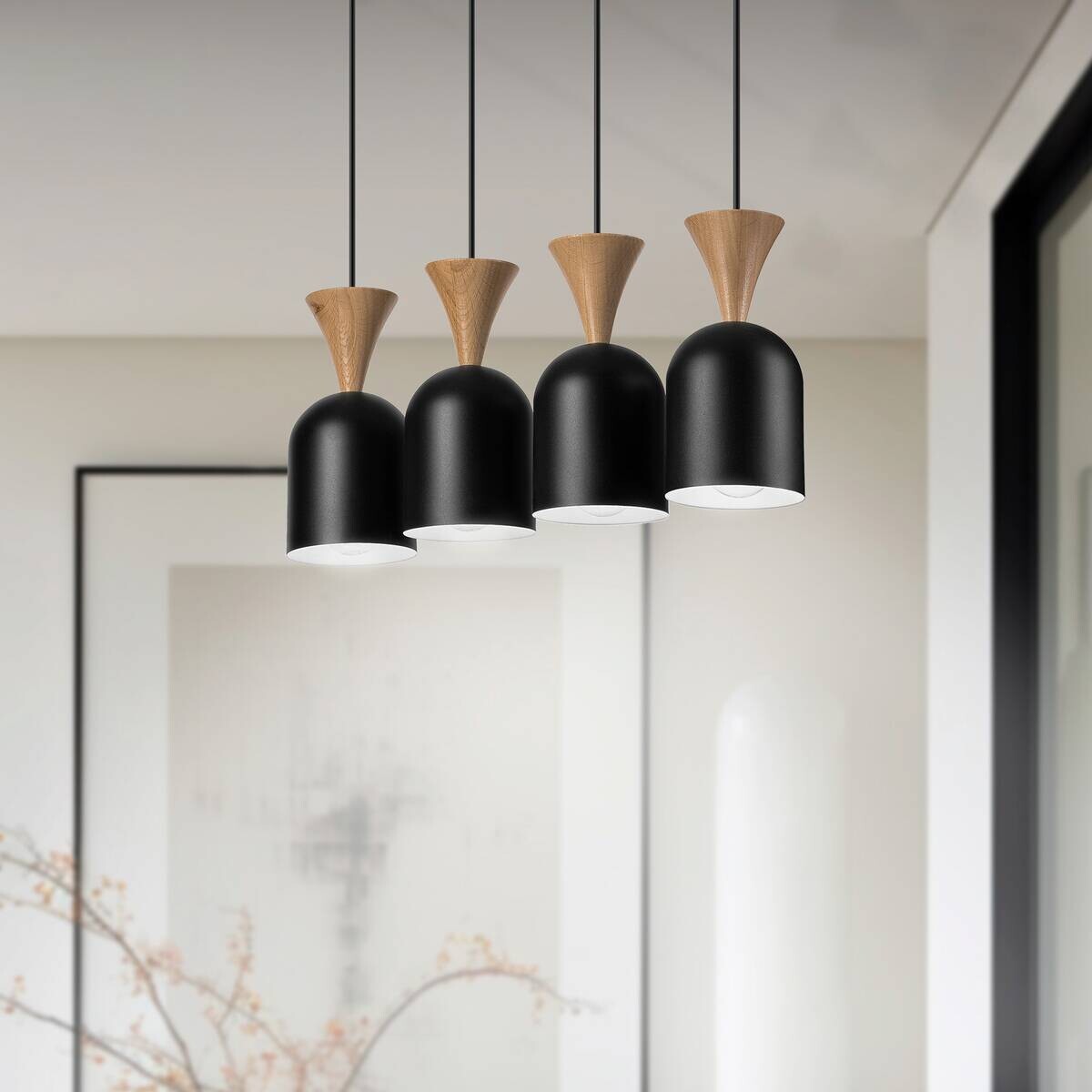 Lamkur Hängeleuchte Eiche schwarz Stahl Holz B/H/L: ca. 11x84x57 cm E27 4 Brennstellen