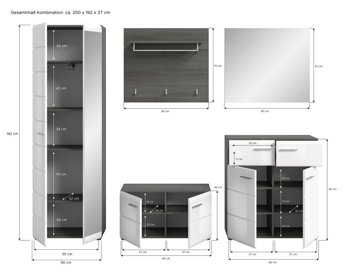 Garderobe SALSA Eiche Rauchsilber Nachbildung weiß Hochglanz B/H/T: ca. 250x192x37 cm