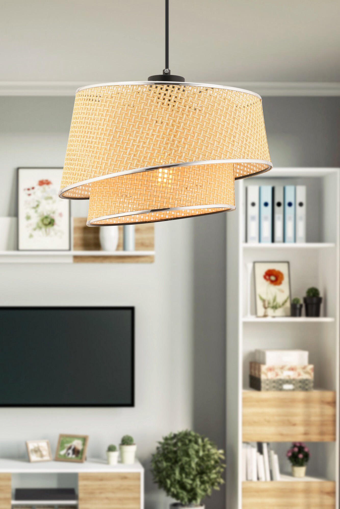 Opviq Pendelleuchte Barette kamel silber Stoff Metall B/H/L: ca. 32x65x32 cm E27 1 Brennstellen