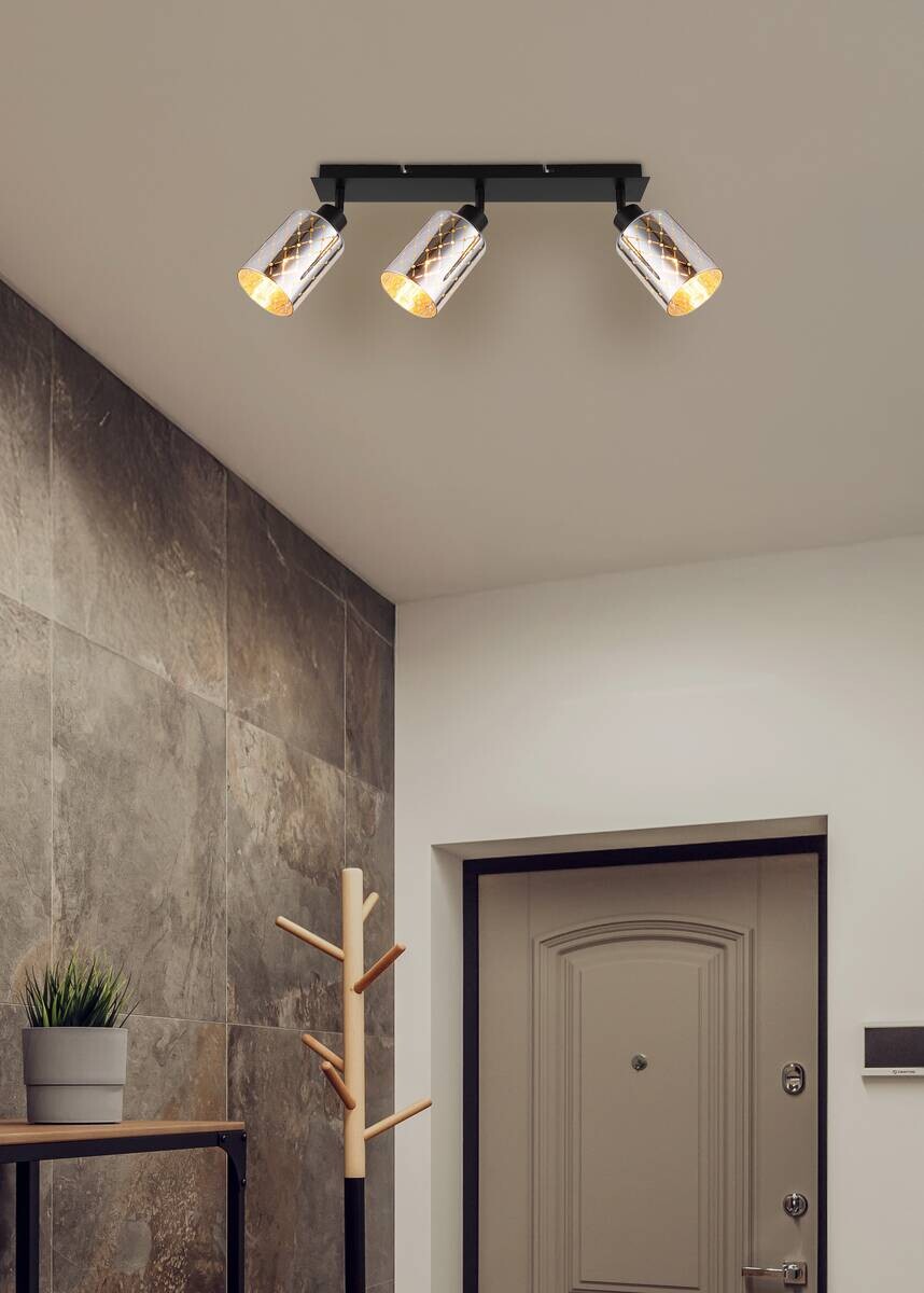 GLOBO Strahler Chrom mattschwarz klar Metall Glas B/H/L: ca. 9x22x66 cm E27 3 Brennstellen