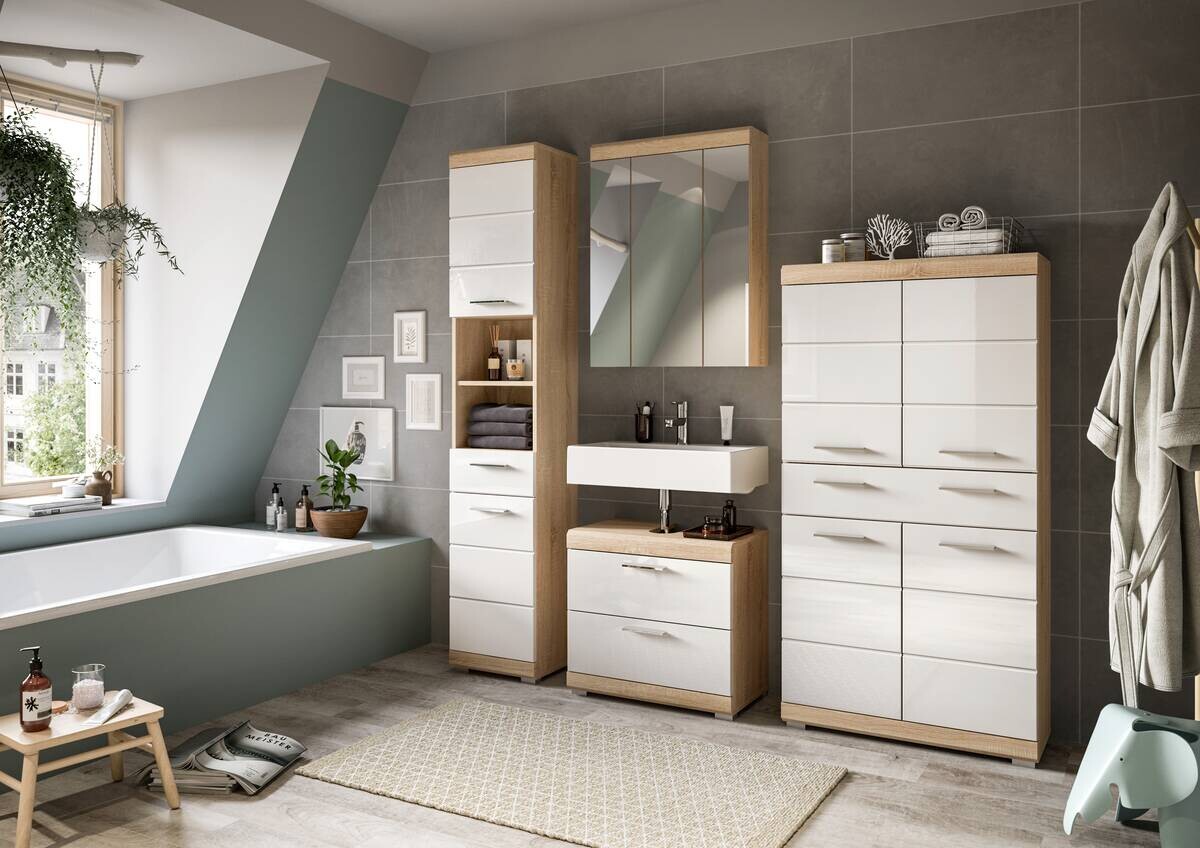 Midischrank Lambada Eiche Sonoma Nachbildung weiß Hochglanz B/H/T: ca. 74x141x31 cm