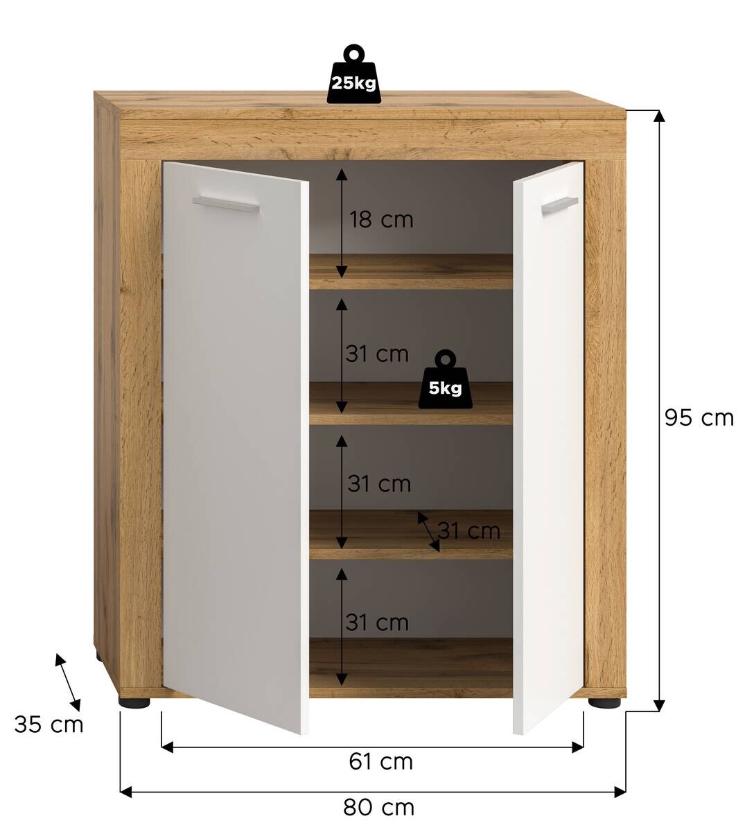 Schuhschrank JAM Eiche Wotan Nachbildung weiß B/H/T: ca. 80x95x35 cm